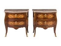 A Pair of Louis XV Style Gilt Bronze Mounted Kingwood and Tulipwood Marble-Top Small Commodes