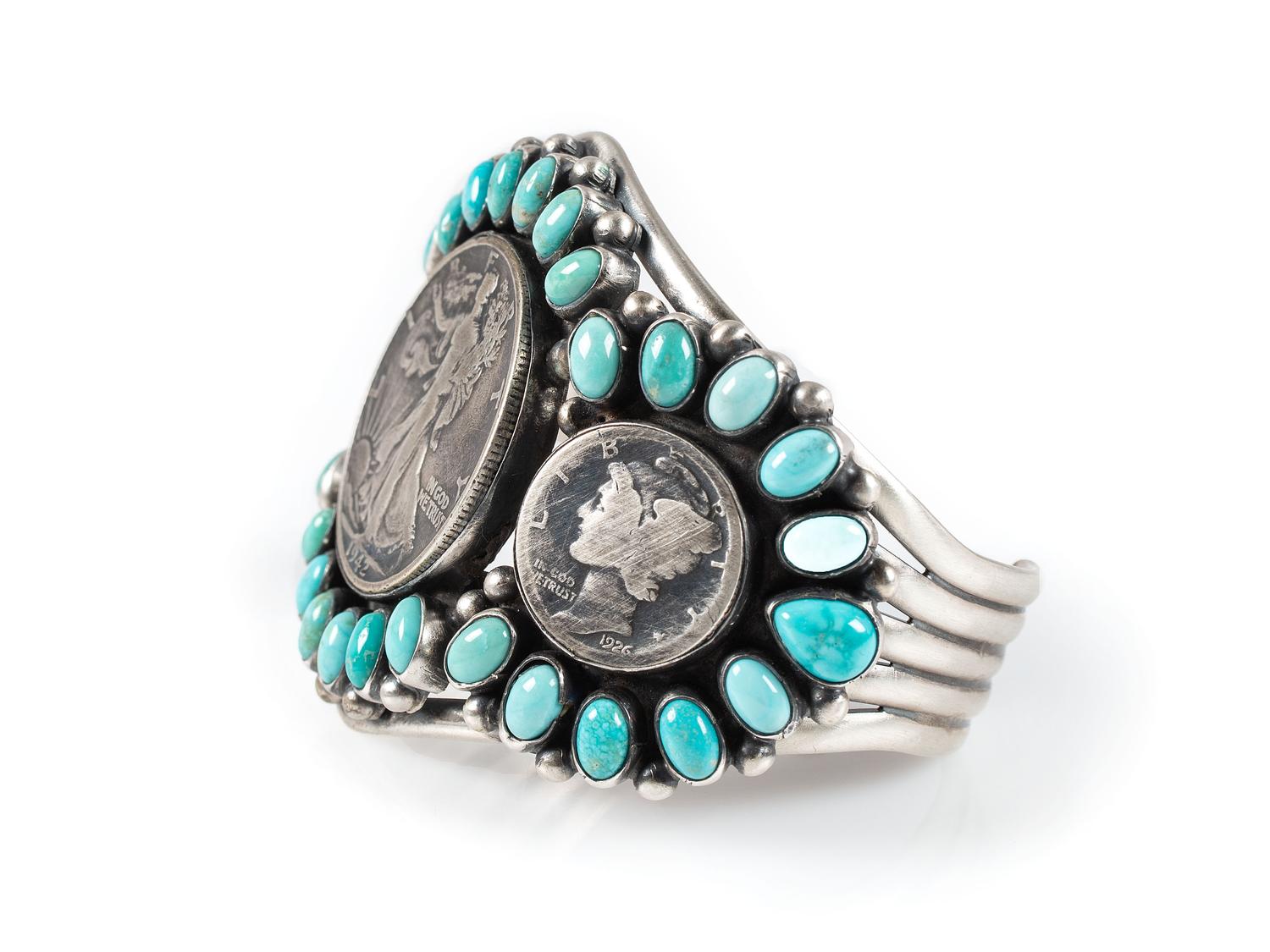 Sterling Silver, Turquoise, and Coin Cuff Bracelet