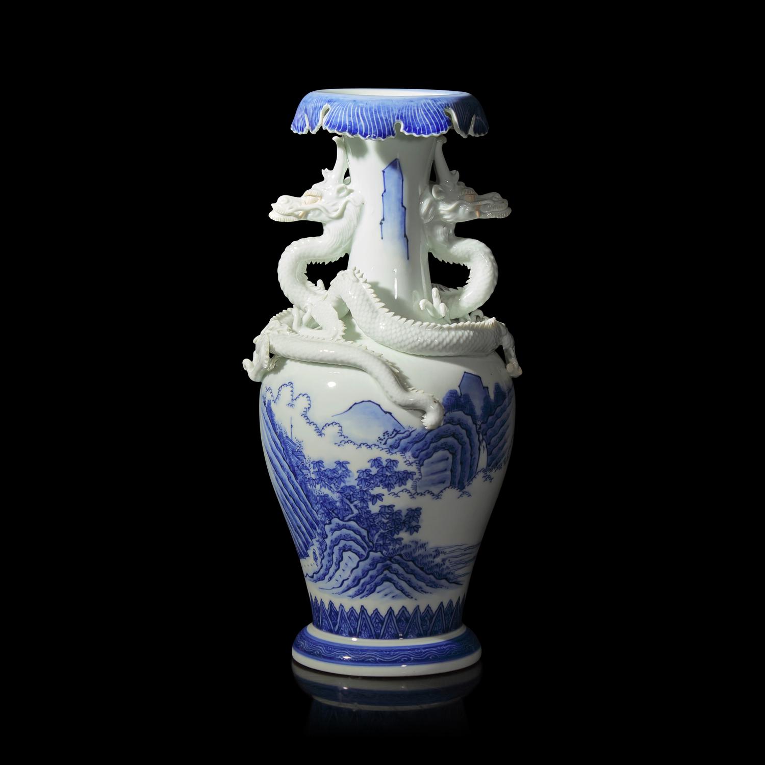 A Japanese Hirado Blue and White Porcelain 'Dragons and Landscapes' Vase, Meiji Period 日本明治時期 平戶燒青花山水龍紋瓶