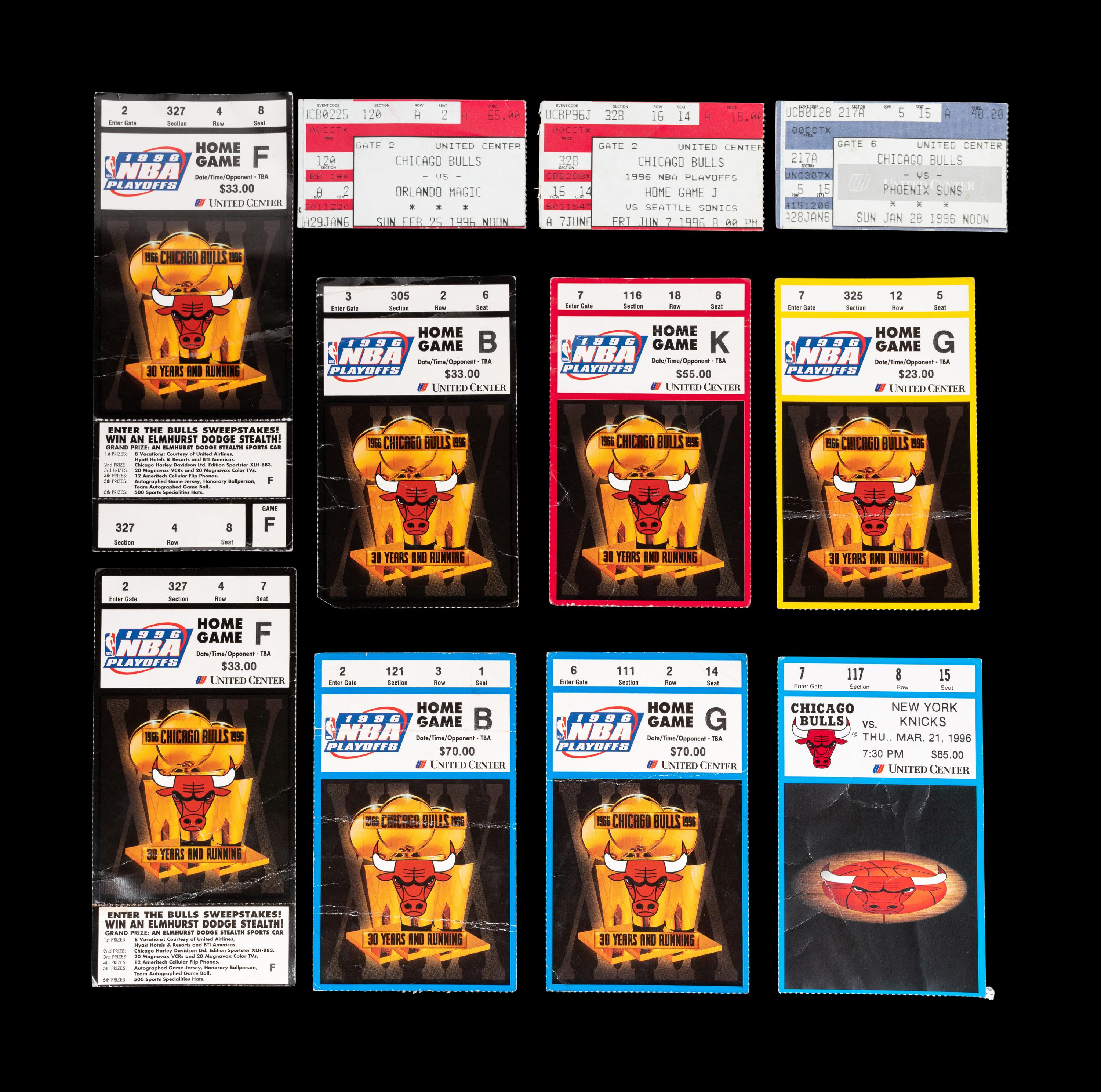 A Collection of 10 Chicago Bulls Michael Jordan Last Dance Era 1995-96 Regular Season and Playoff Tickets and Stubs,