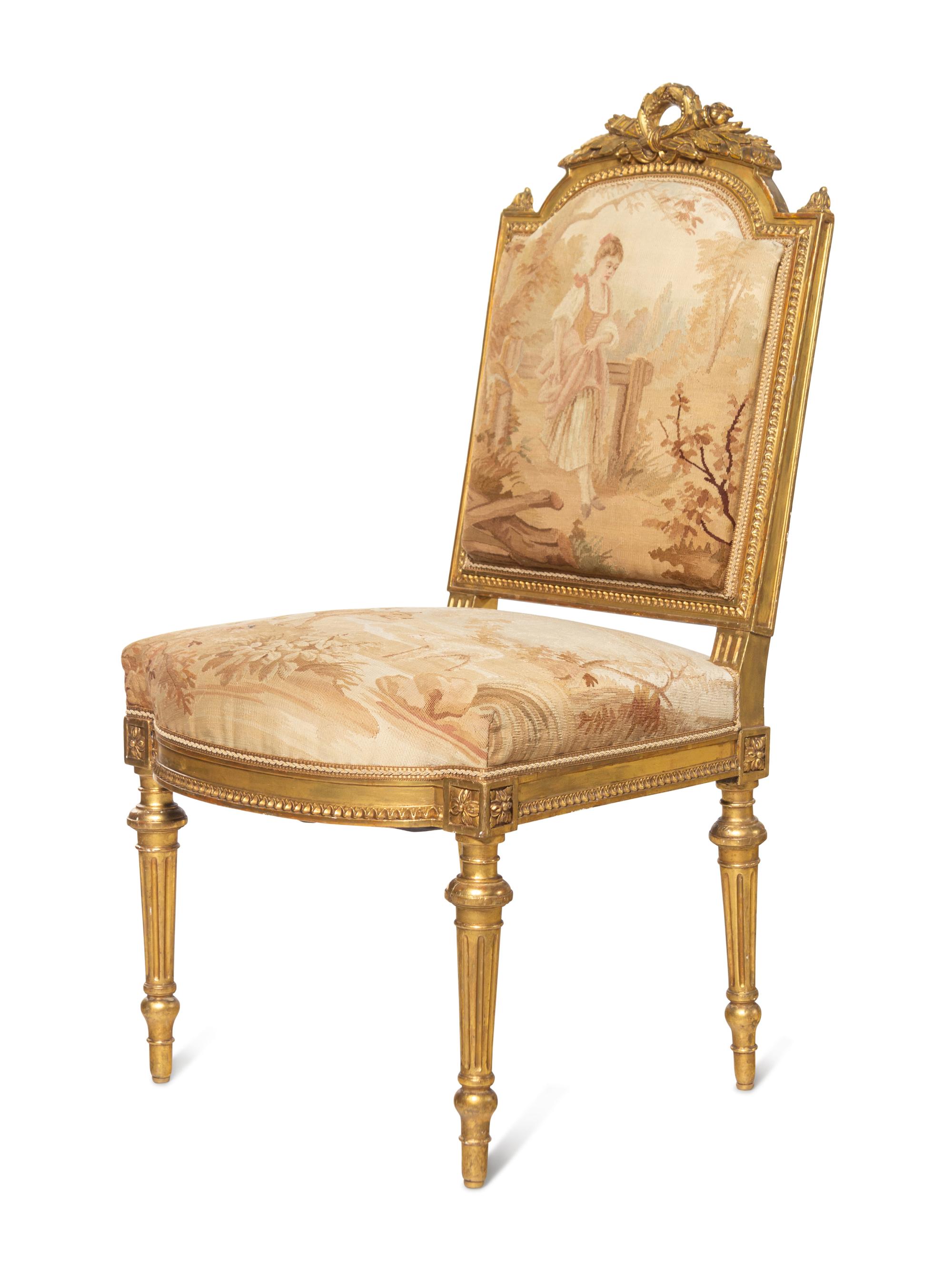 A Louis XVI Style Giltwood Seven-Piece Seating Suite with Aubusson Tapestry Upholstery