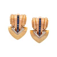 RETRO, PAIR OF BICOLOR GOLD, SAPPHIRE AND DIAMOND CLIP BROOCHES