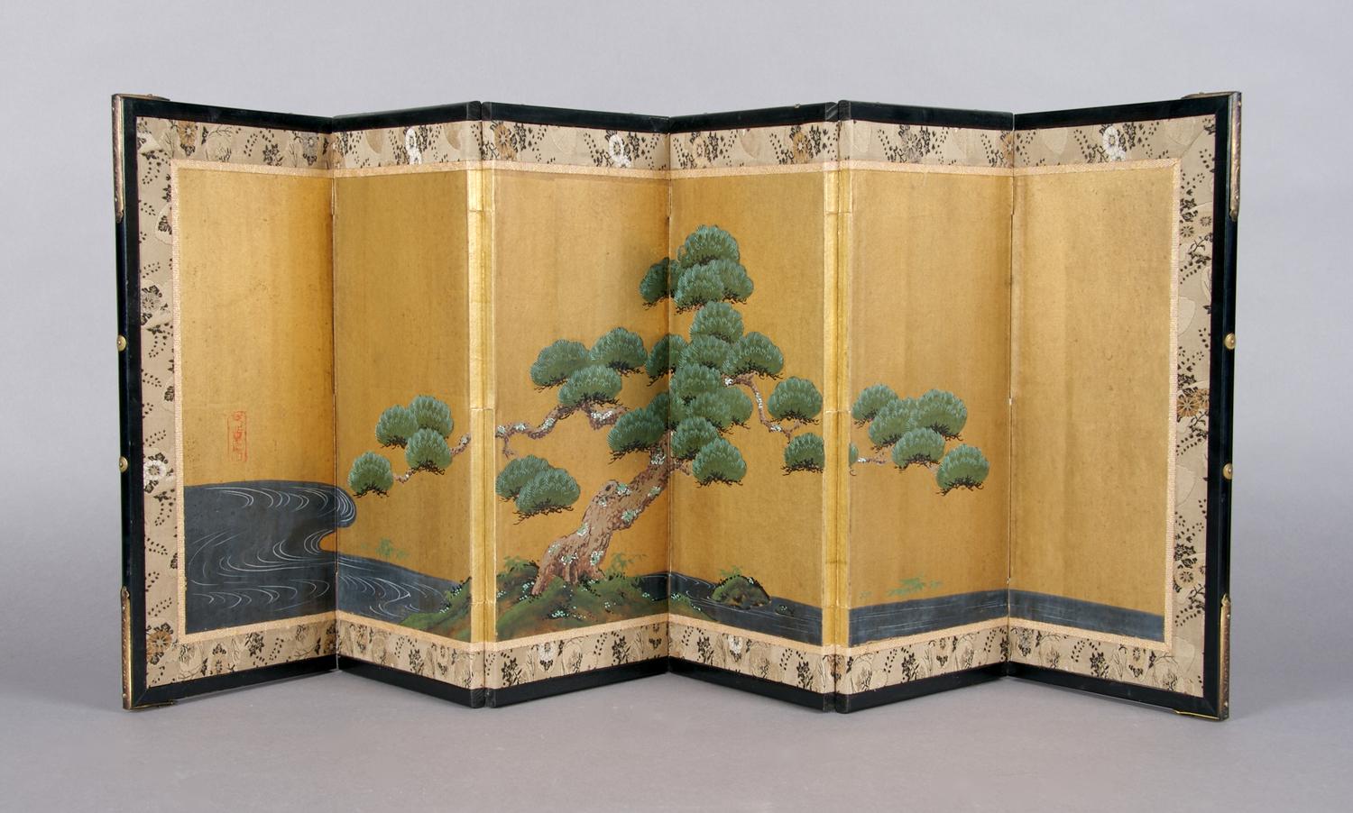 A Japanese Painted Six Panel Table Screen, Height of one panel 12 1/2 x width 5 1/4 inches.
