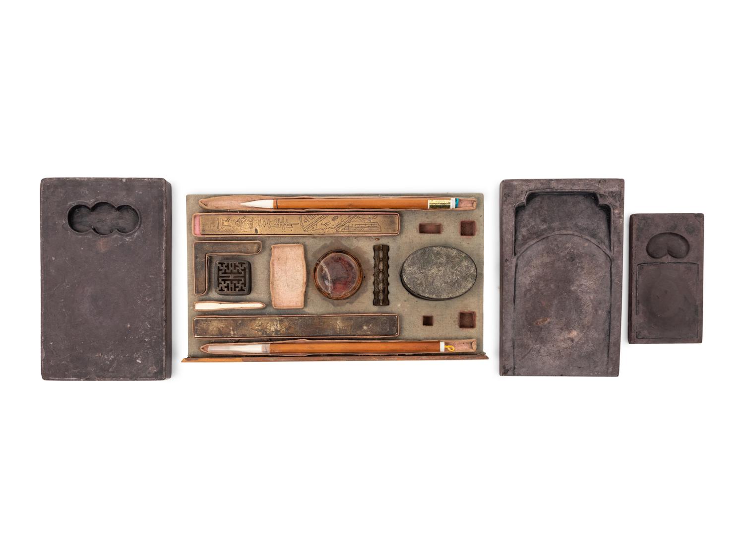A Chinese Scholar's Calligraphy Set and Three Inkstones