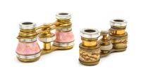 Two Pairs of Enameled and Mother-of-Pearl Inset Opera Glasses, Width of first 3 1/2 inches.