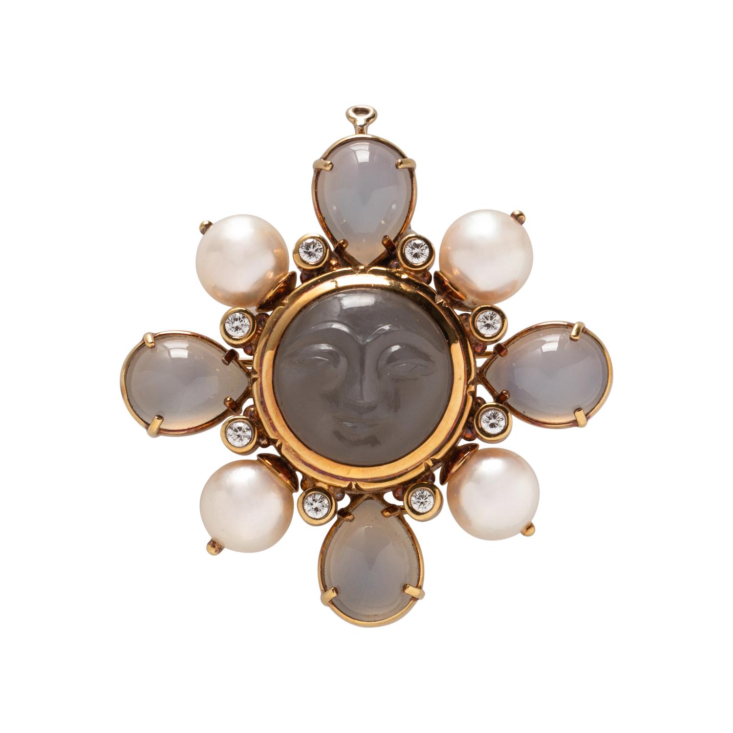 MOONSTONE, CULTURED PEARL, AND DIAMOND BROOCH