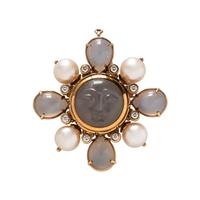 MOONSTONE, CULTURED PEARL, AND DIAMOND BROOCH