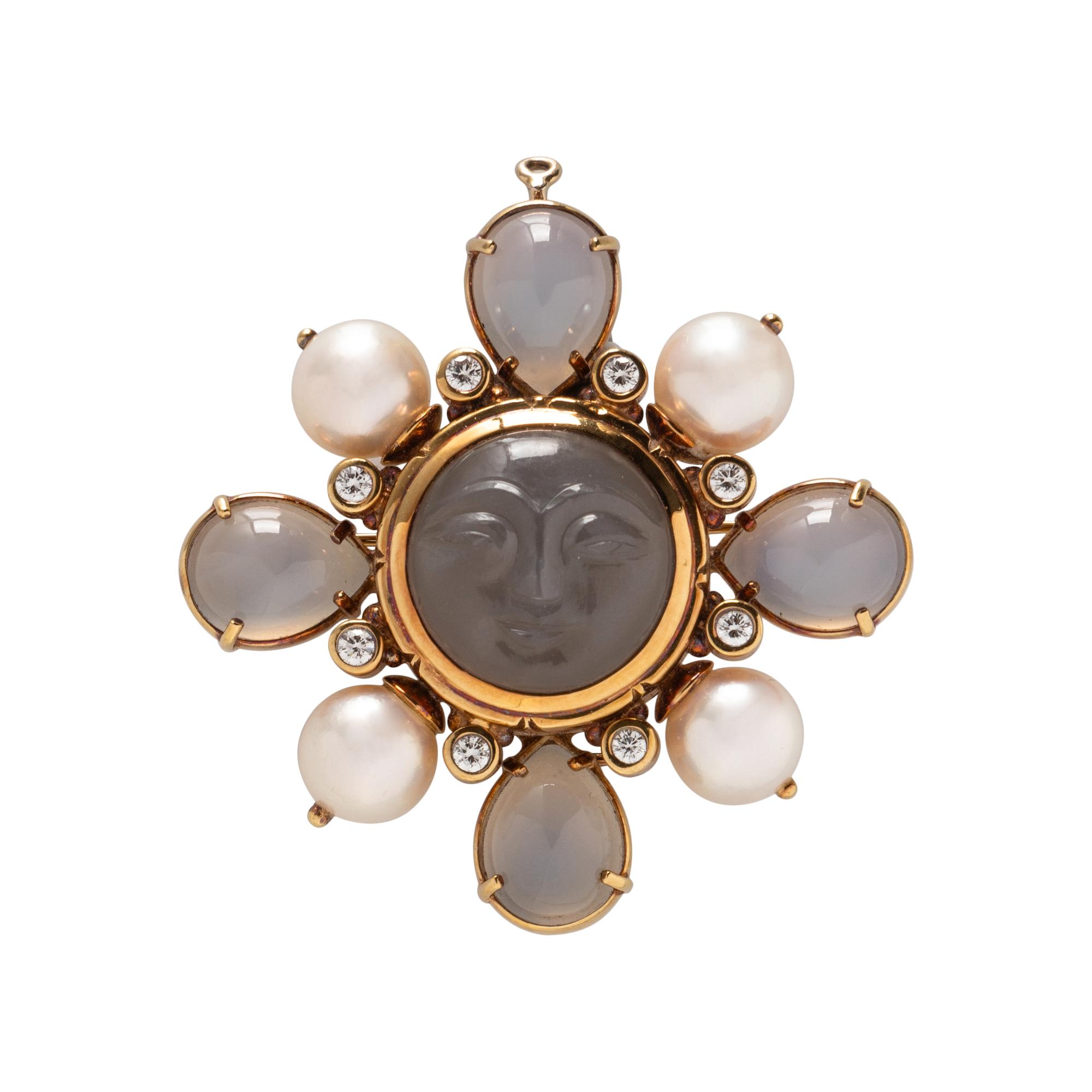 MOONSTONE, CULTURED PEARL, AND DIAMOND BROOCH