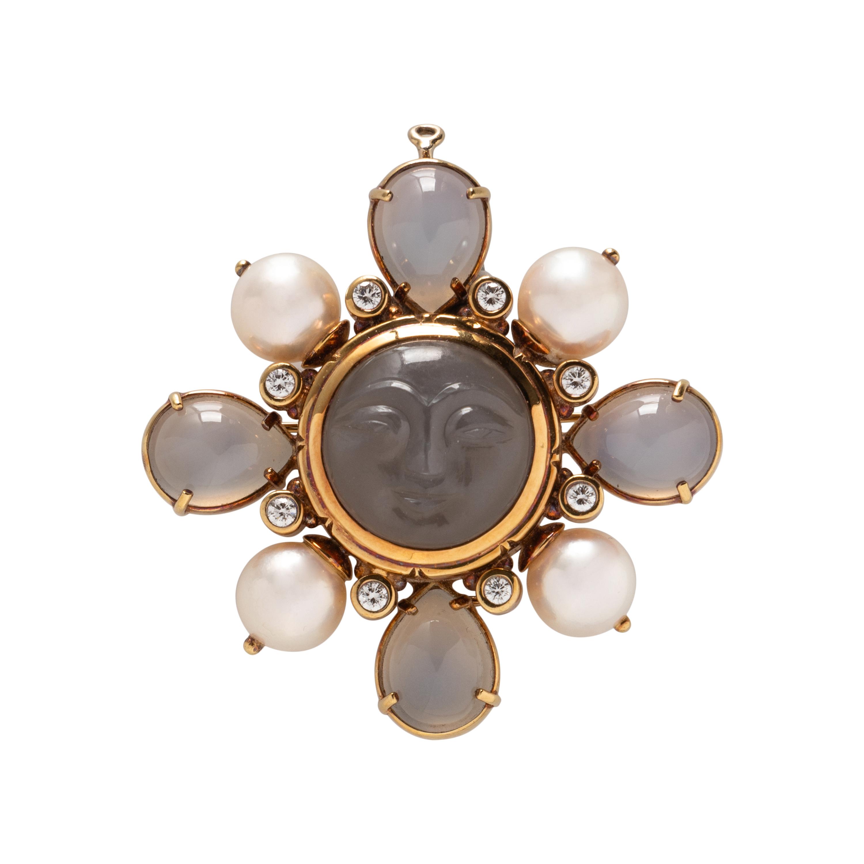 MOONSTONE, CULTURED PEARL, AND DIAMOND BROOCH