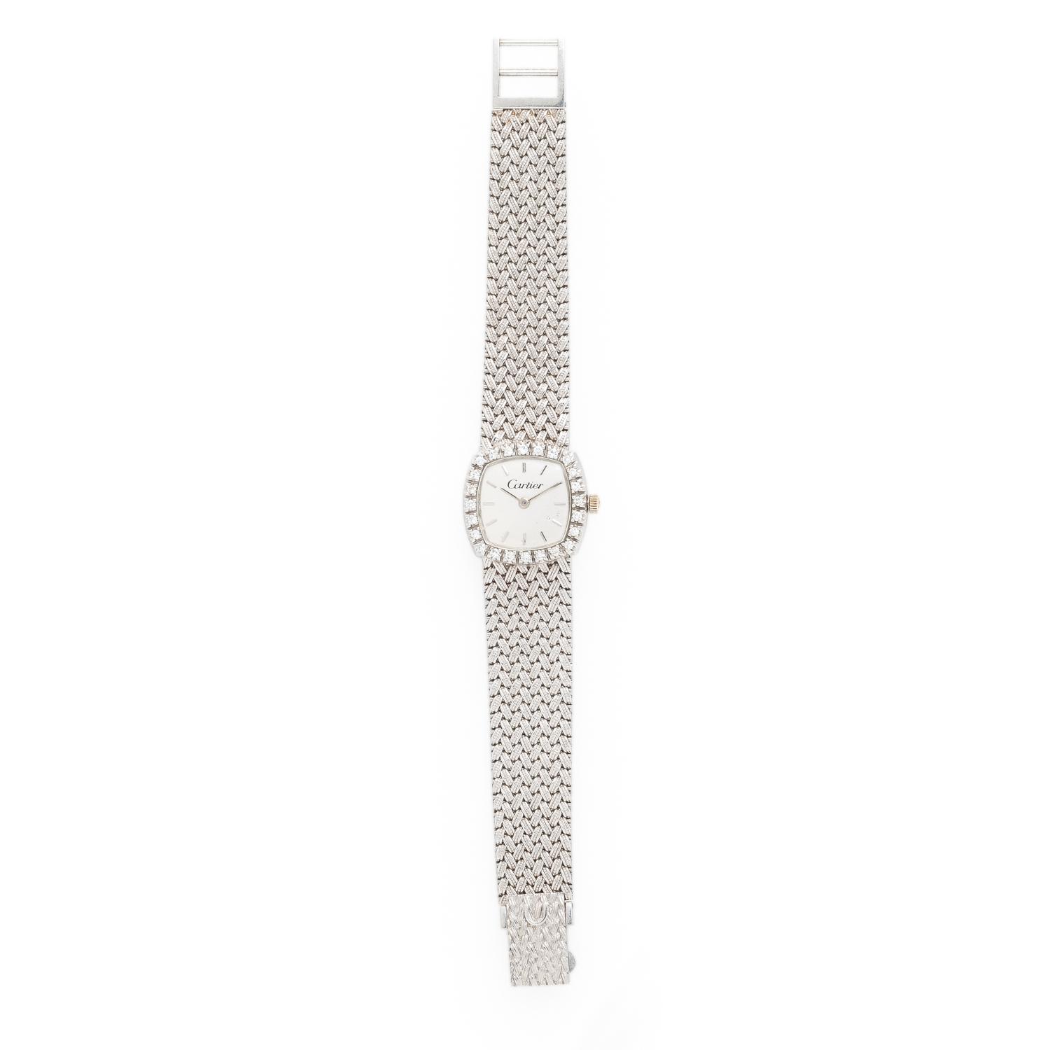 Cartier, 18K White Gold Watch with Diamond Bezel and Integrated Bracelet