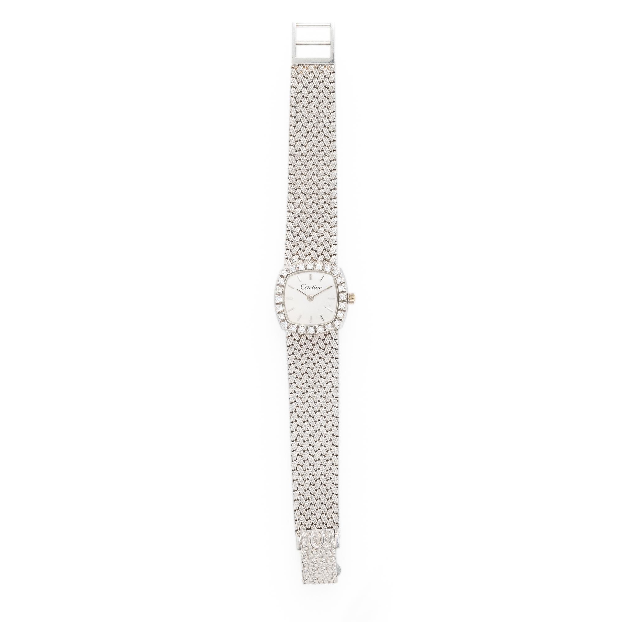 Cartier, 18K White Gold Watch with Diamond Bezel and Integrated Bracelet