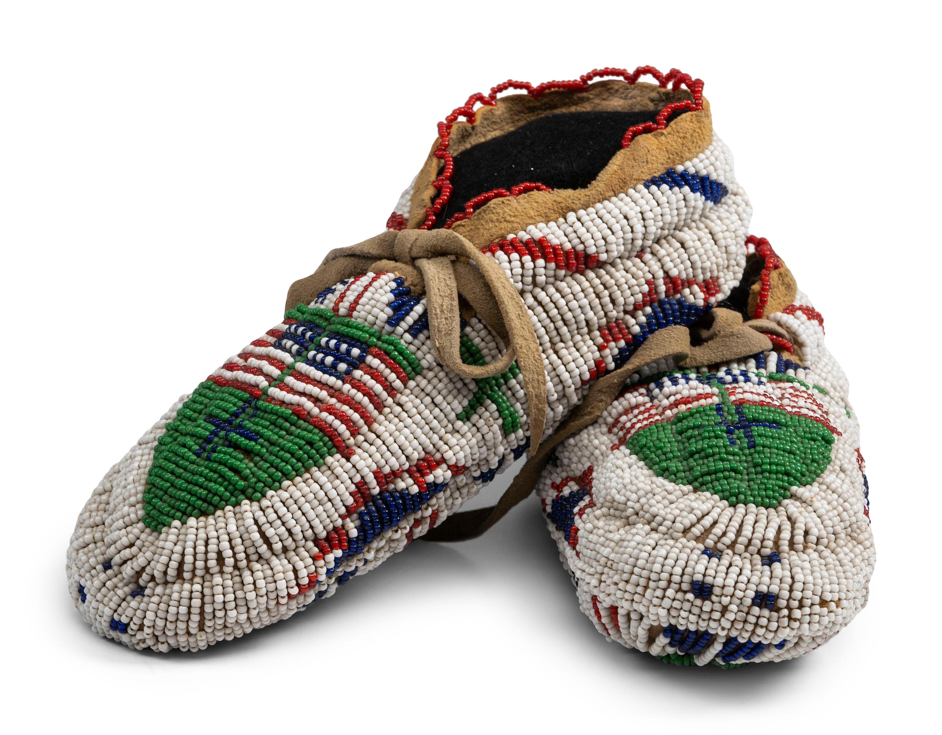 Sioux Child's Fully Beaded Hide Moccasins, with American Flags