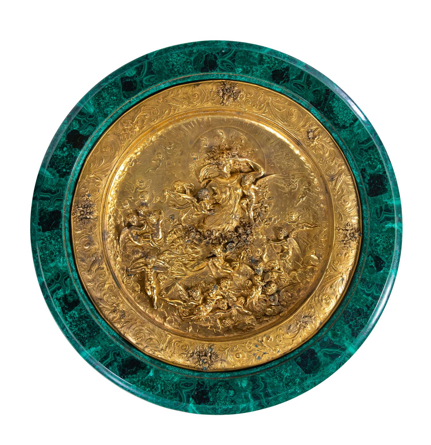 An Empire Style Gilt Bronze Mounted and Malachite Veneered Low Center Table