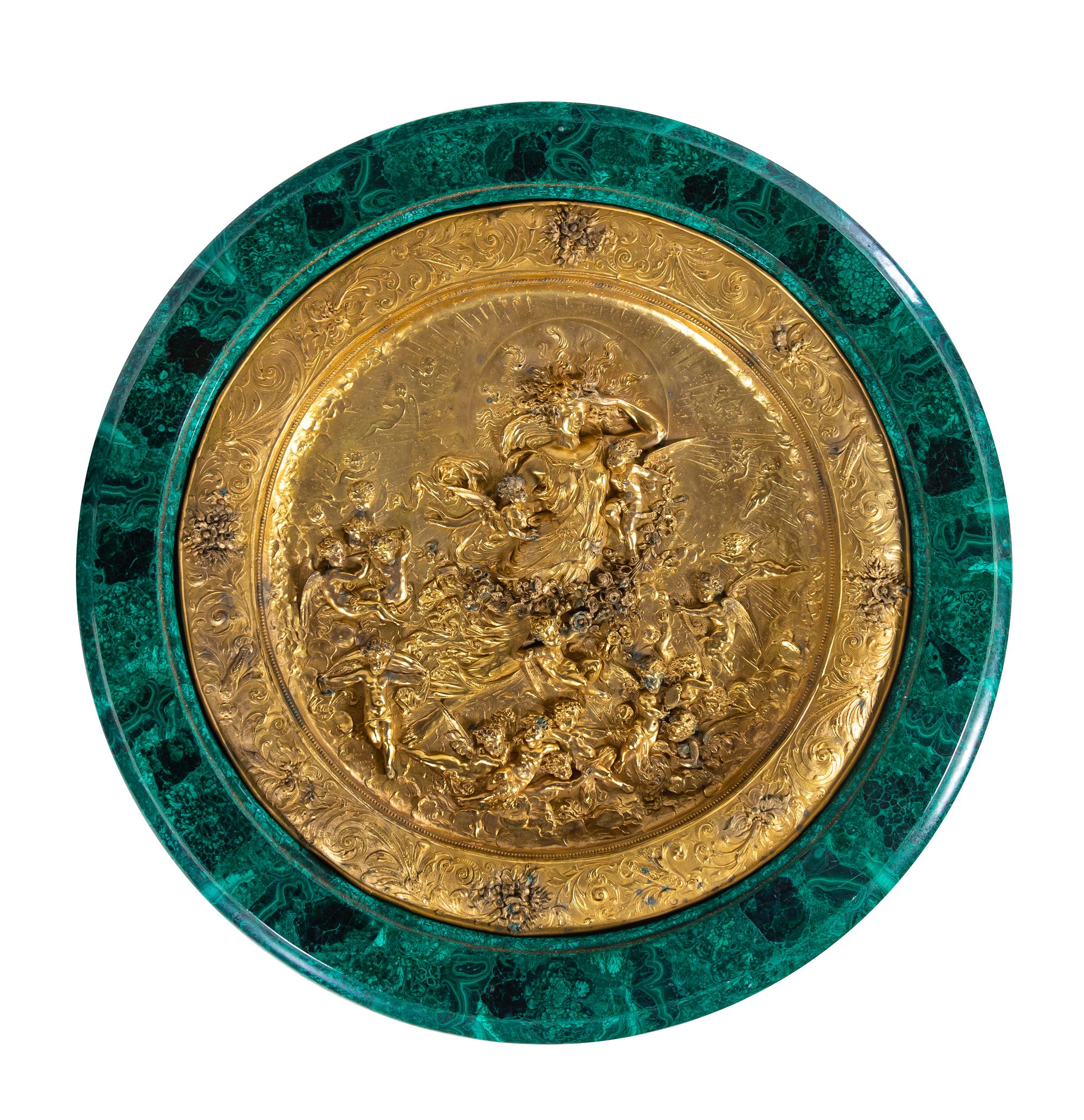 An Empire Style Gilt Bronze Mounted and Malachite Veneered Low Center Table