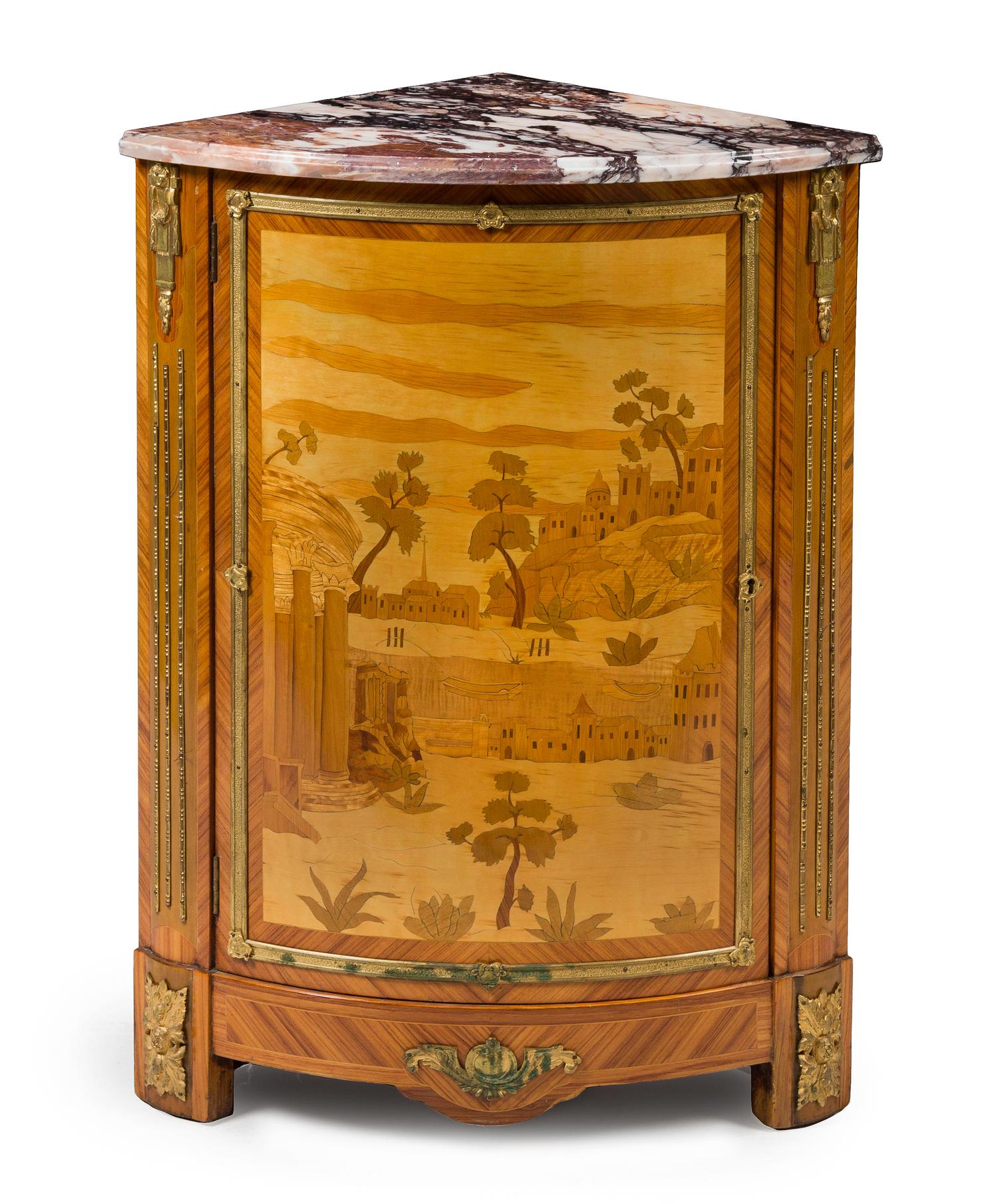 A Louis XVI Style Gilt Bronze Mounted Marquetry Encoignure Height 37 x width 18 x depth 18 inches. — PAUL SORMANI, PARIS