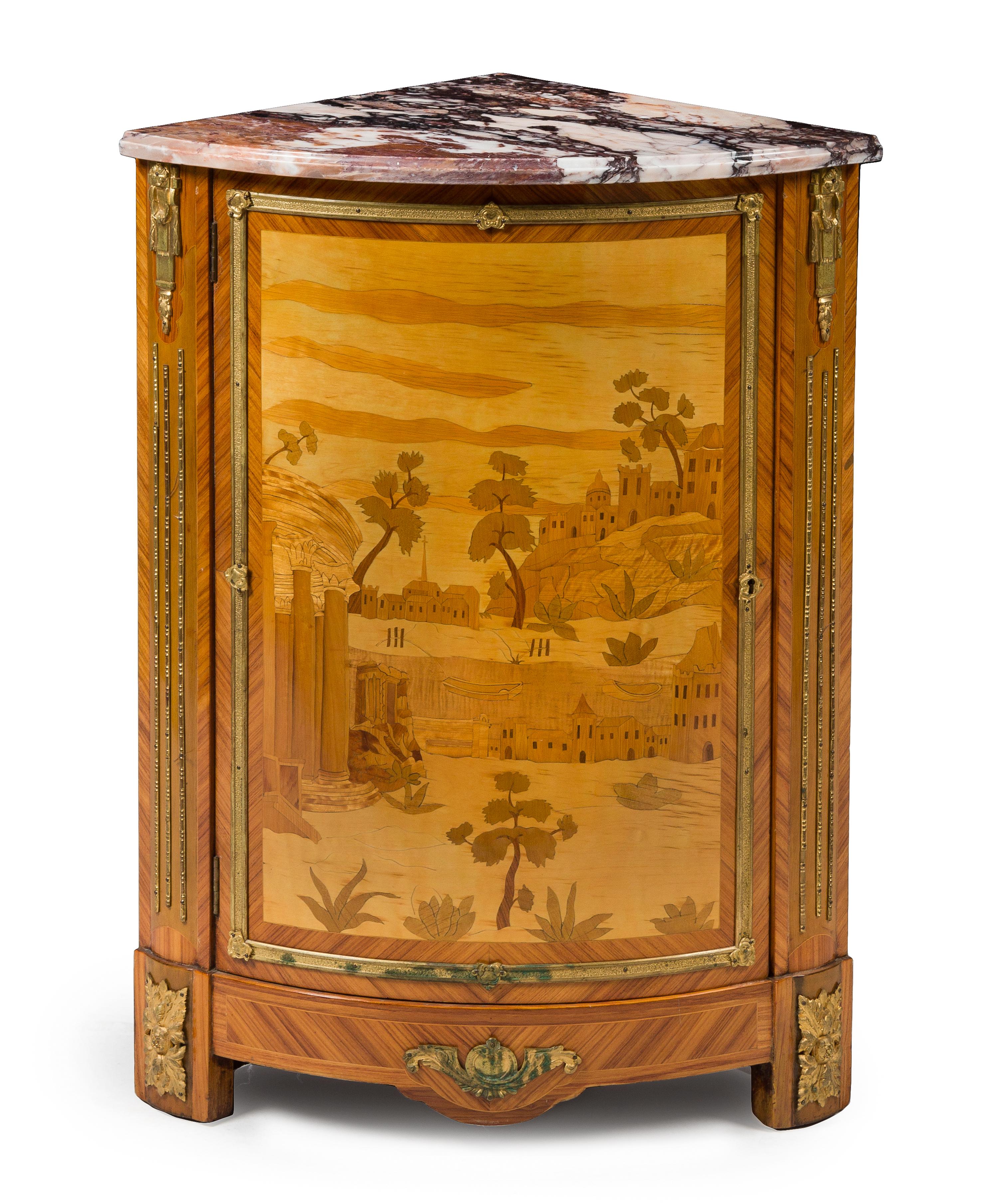 A Louis XVI Style Gilt Bronze Mounted Marquetry Encoignure Height 37 x width 18 x depth 18 inches. — PAUL SORMANI, PARIS