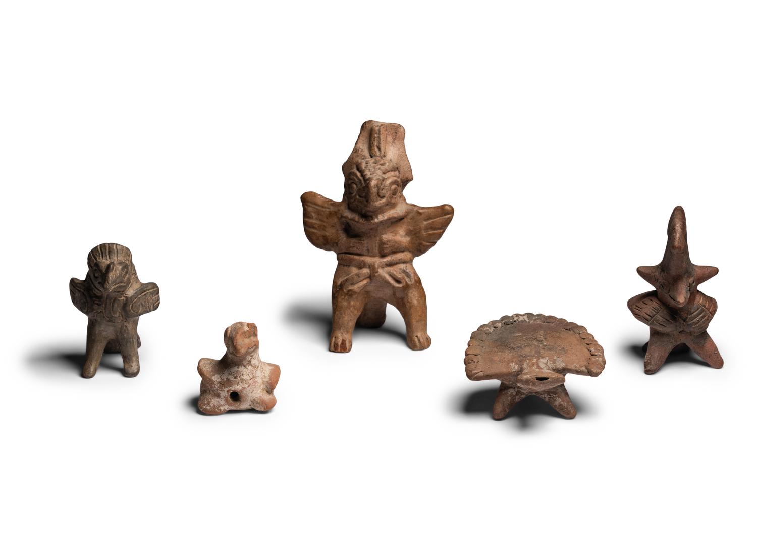Four Colima Bird Figures and One Veracruz Anthropomorphic Whistle