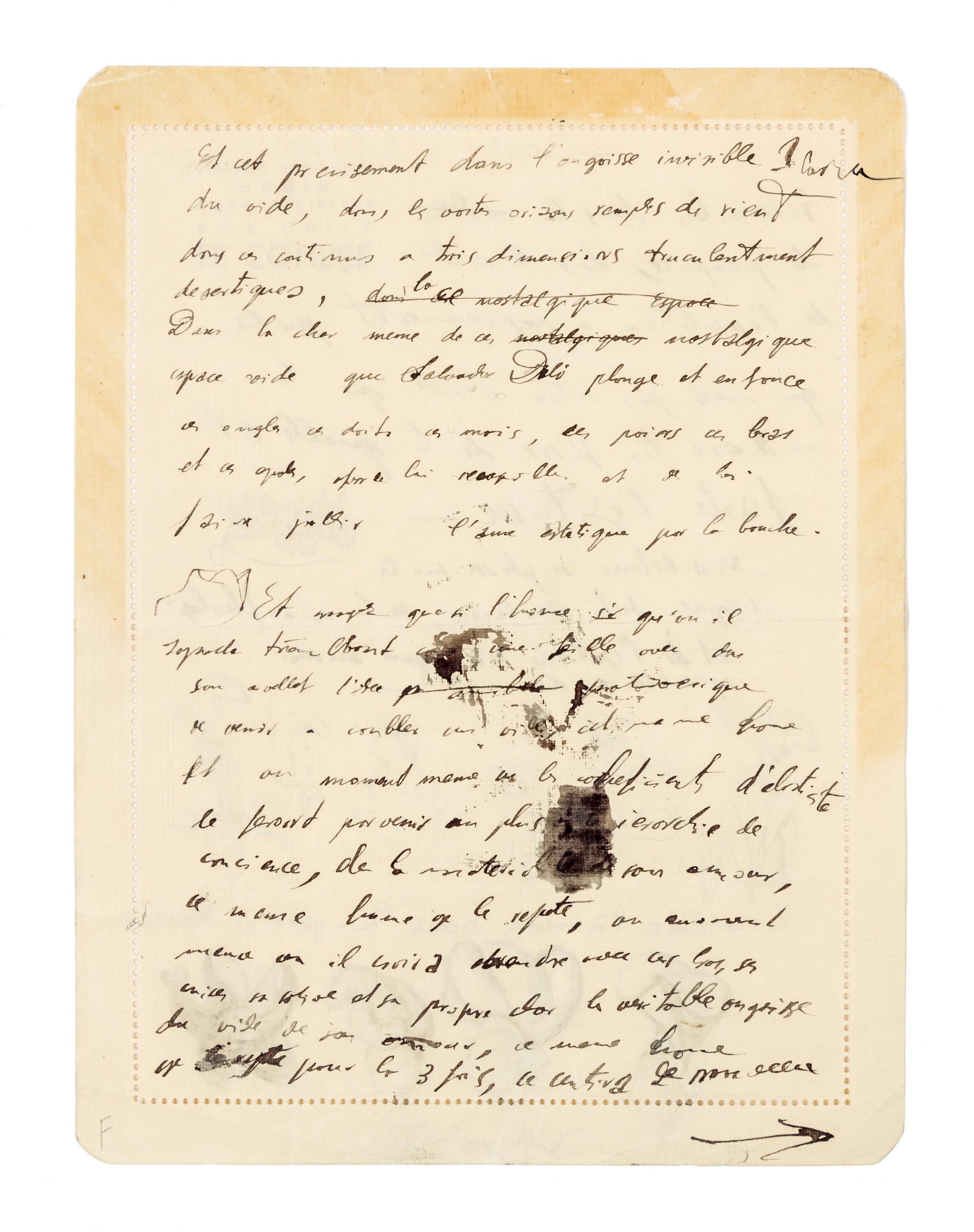 DALI, Salvador (1904-1989). Autograph manuscript signed ("Salvador Dali"), in French, to an unnamed recipient, n.p., n.d.