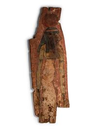 An Egyptian Painted Wood Sarcophagus Panel with Isis