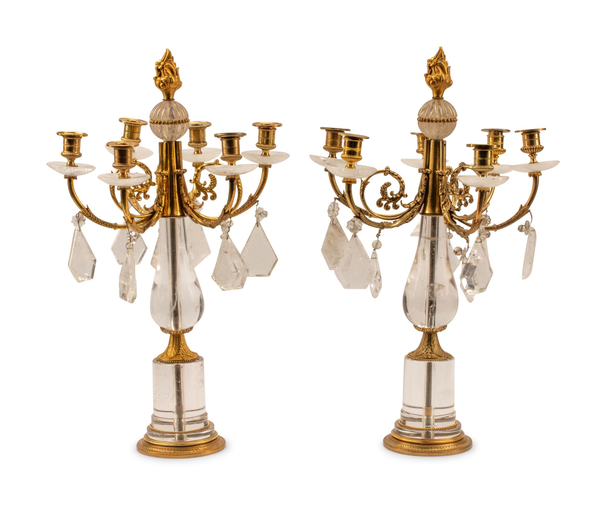 A Pair of Neoclassical Style Gilt Bronze and Rock Crystal Candelabra