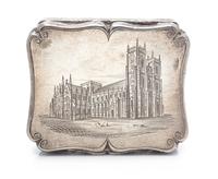 A Victorian Silver Vinaigrette, Edward Smith, Birmingham, 1843, the lid worked to depict a cathedral.