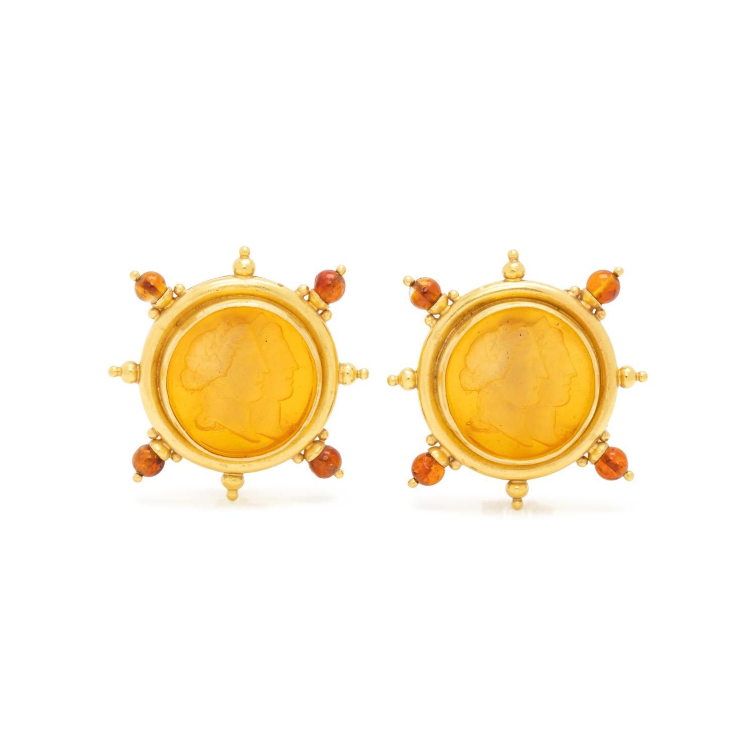 ELIZABETH LOCKE, CITRINE AND AMBER INTAGLIO EARCLIPS