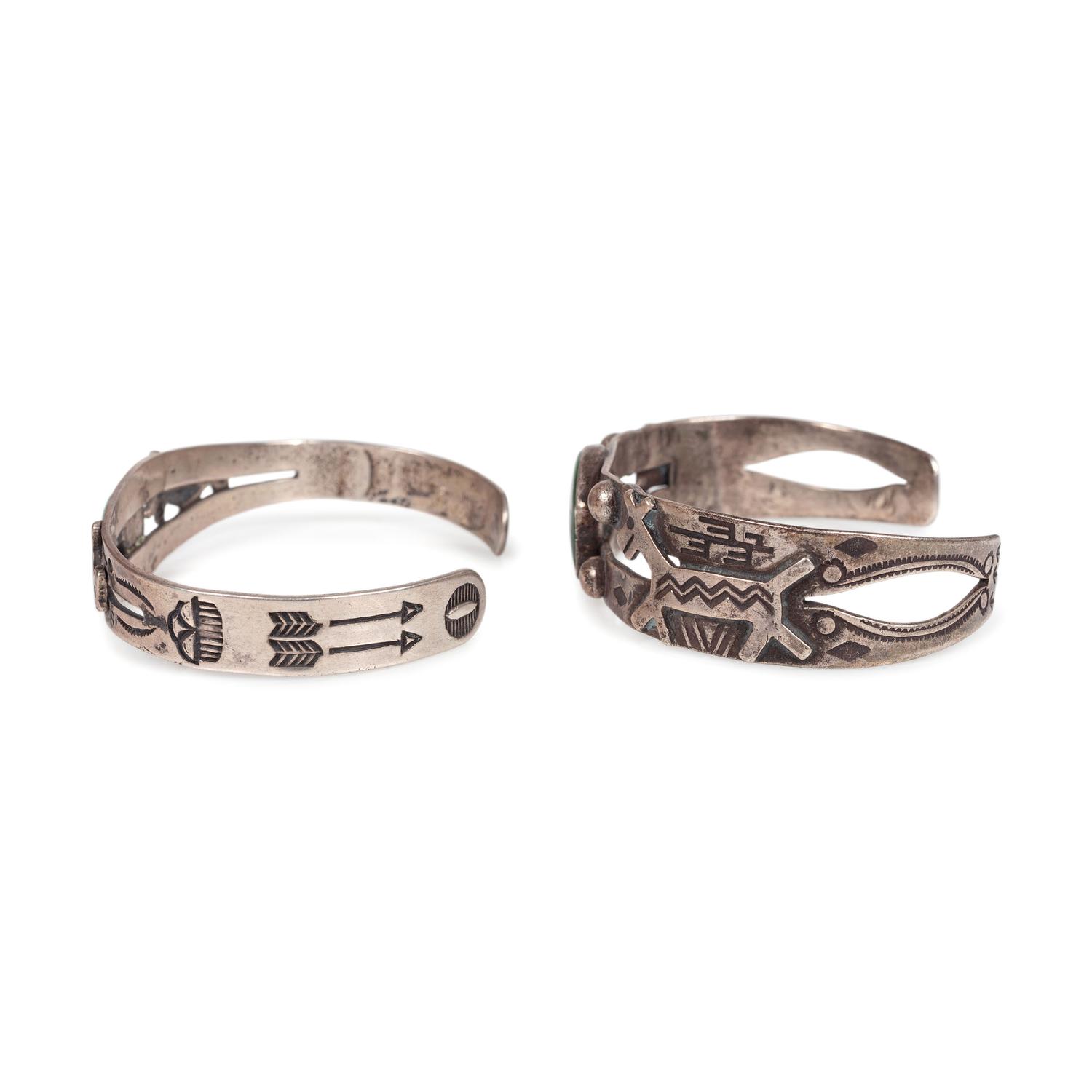 Fred Harvey Era Silver and Turquoise Cuff Bracelets, with Canine Motif