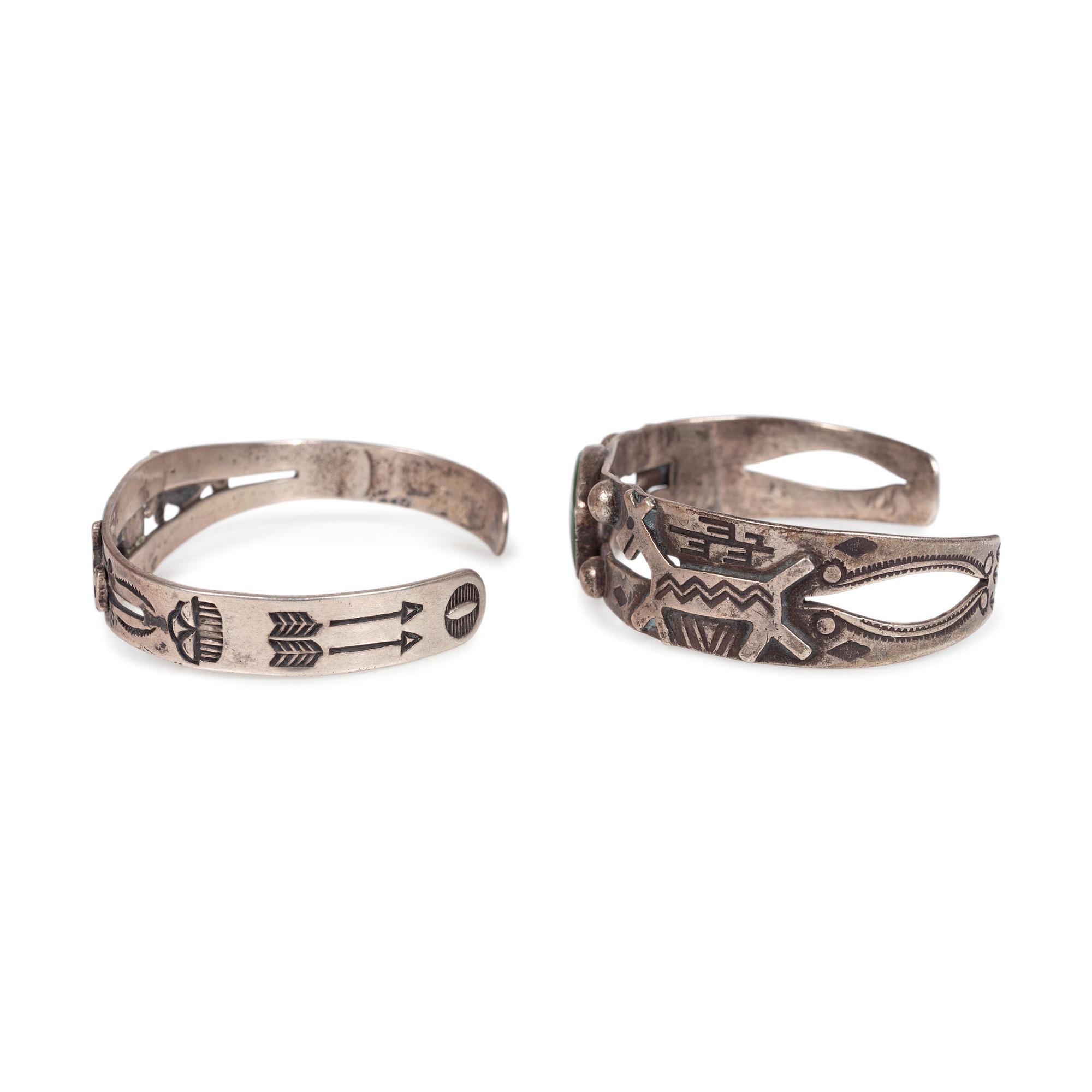 Fred Harvey Era Silver and Turquoise Cuff Bracelets, with Canine Motif