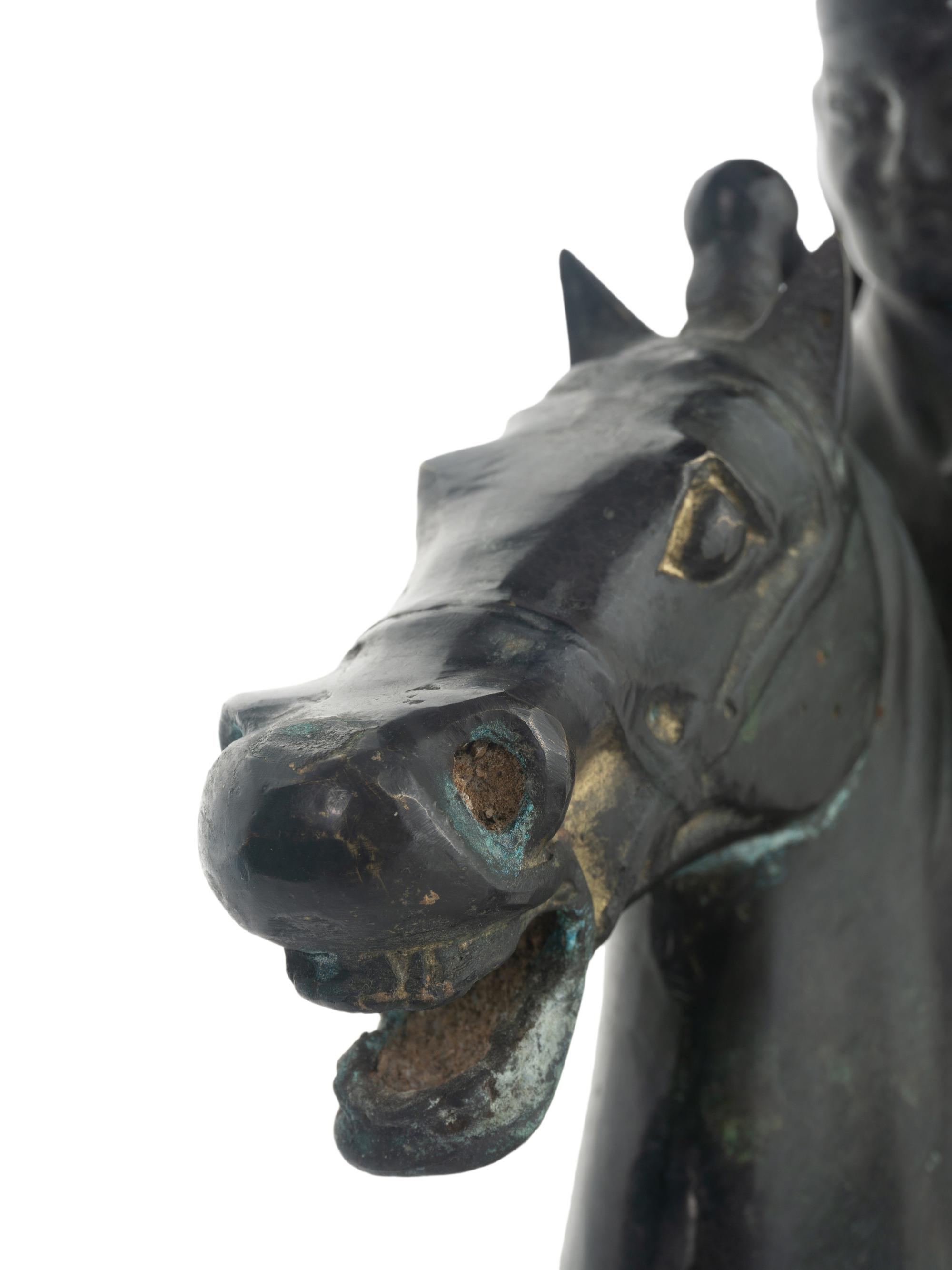 A Pair of Chinese Cast Metal Equestrian Figures Mounted as Lamps