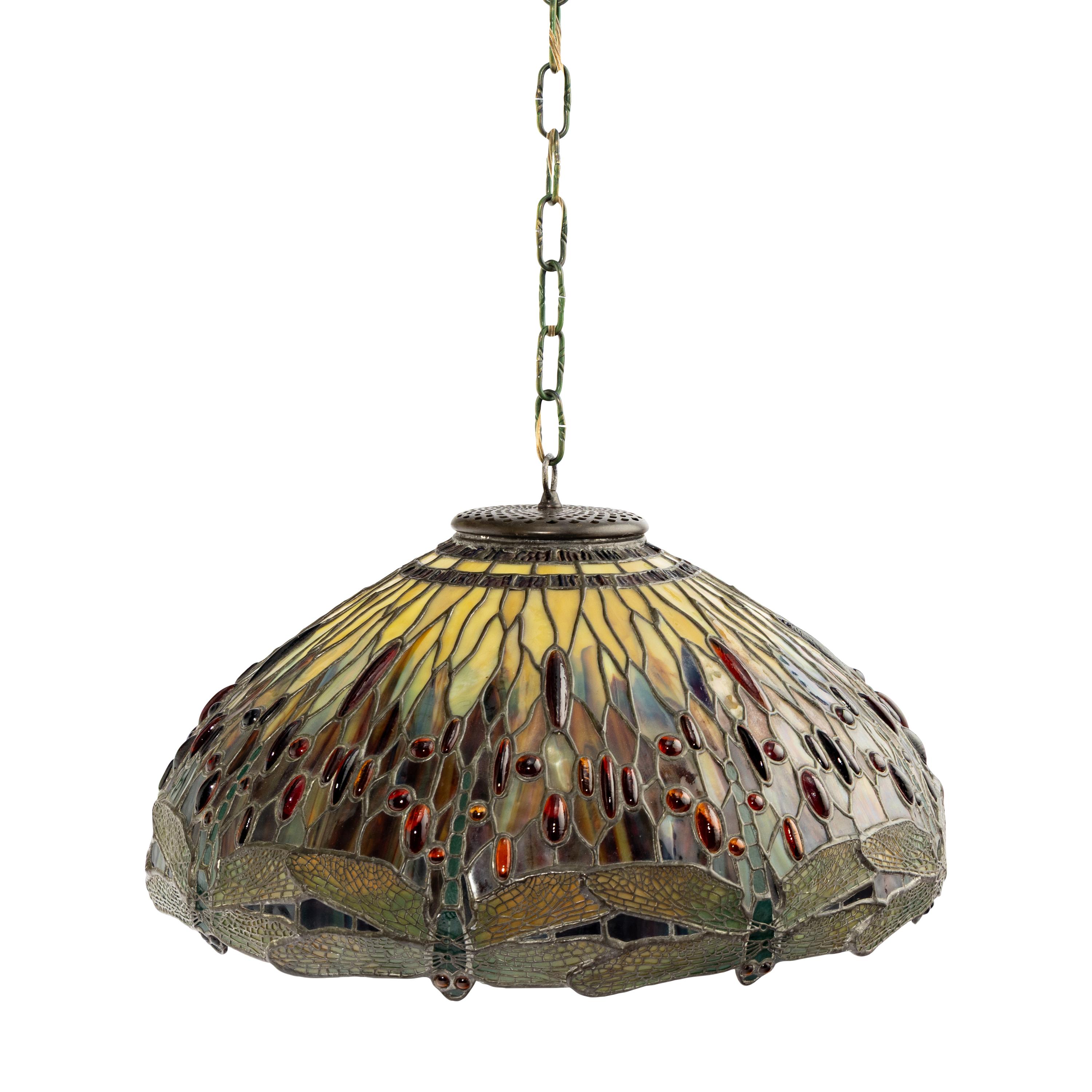 Style of Tiffany 20th Century — Stained Glass Pendant Light in the style of a Drop-Head Dragonfly Shade