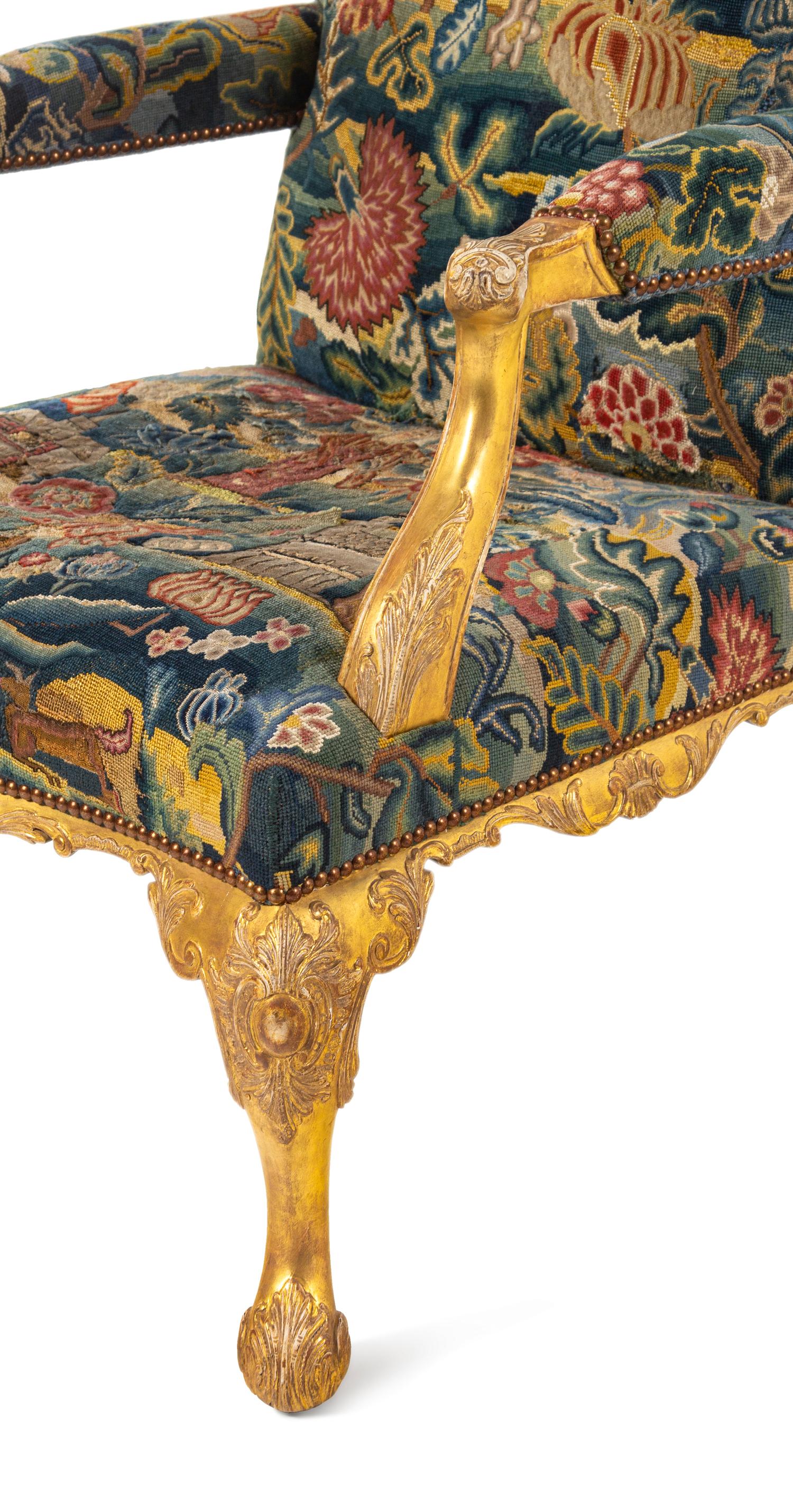 A George II Petit Point and Gros Point-Upholstered Gilt-Gesso Library Armchair
