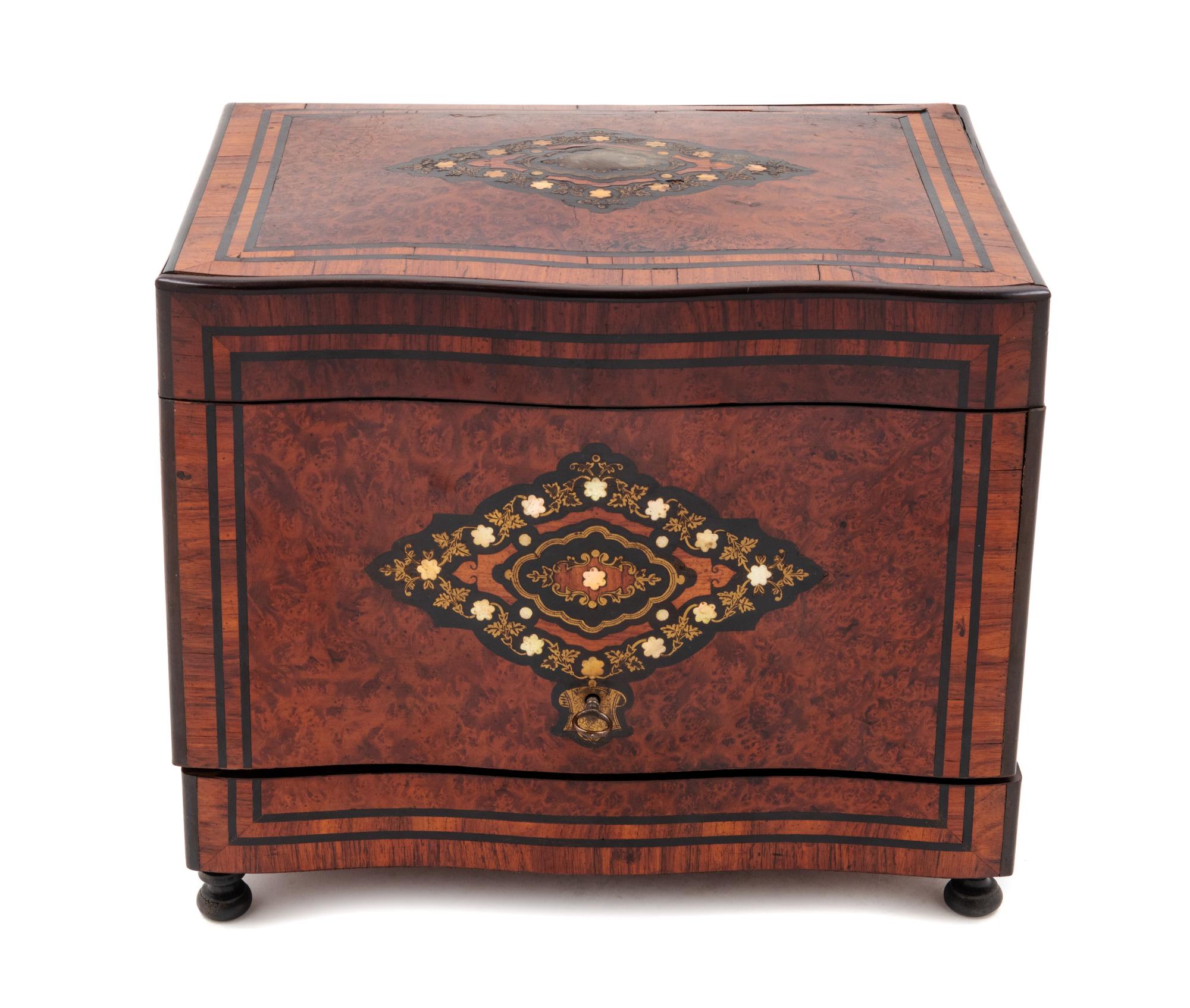 A Continental Brass and Mother-of-Pearl Inlaid Burlwood Cave à Liqueur