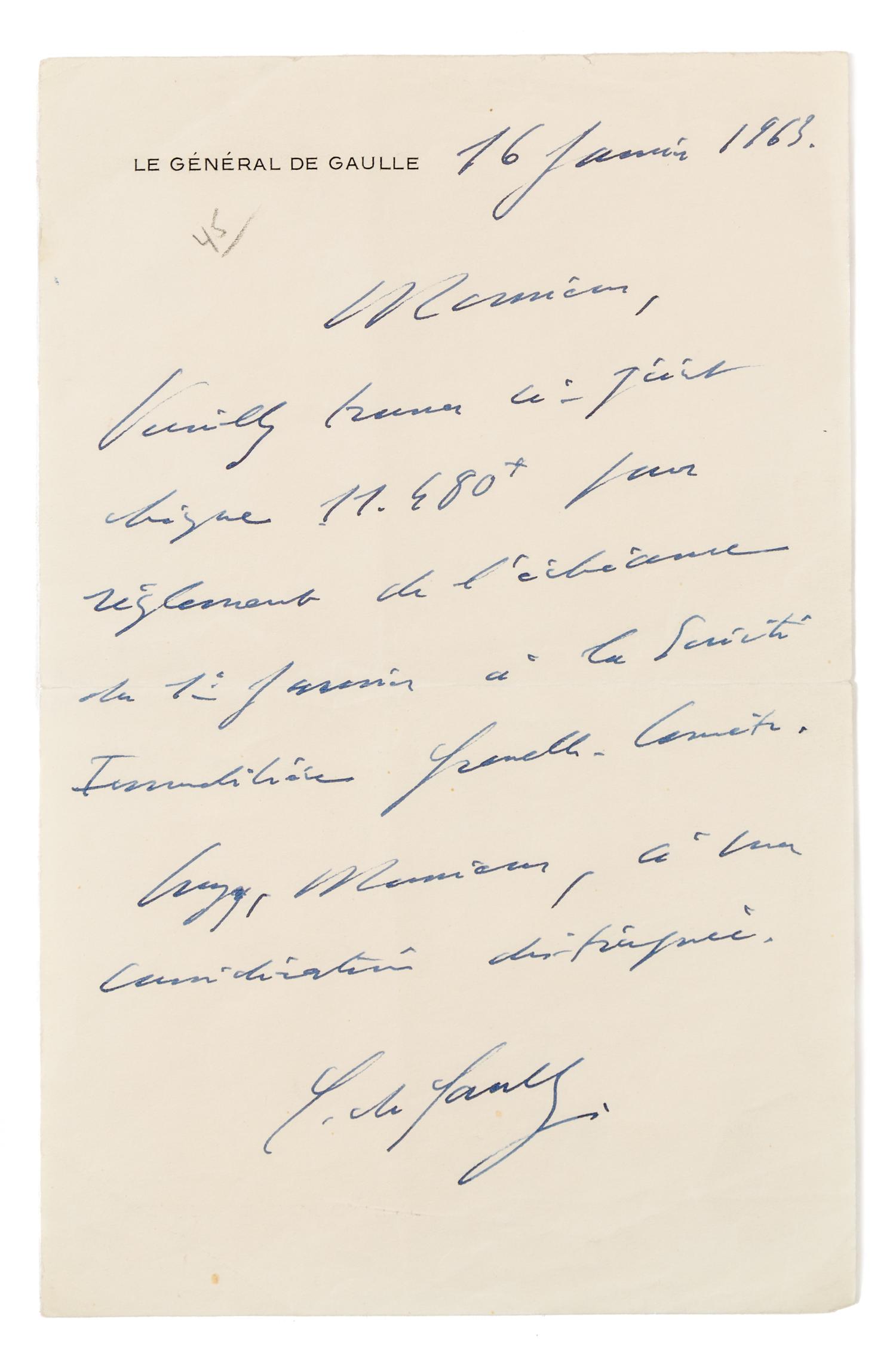 DE GAULLE, Charles (1890-1970). Autograph letter signed ("C. de Gaulle"), in French, to an unnamed recipient. N.p., 16 January 1963.