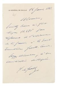 DE GAULLE, Charles (1890-1970). Autograph letter signed ("C. de Gaulle"), in French, to an unnamed recipient. N.p., 16 January 1963.