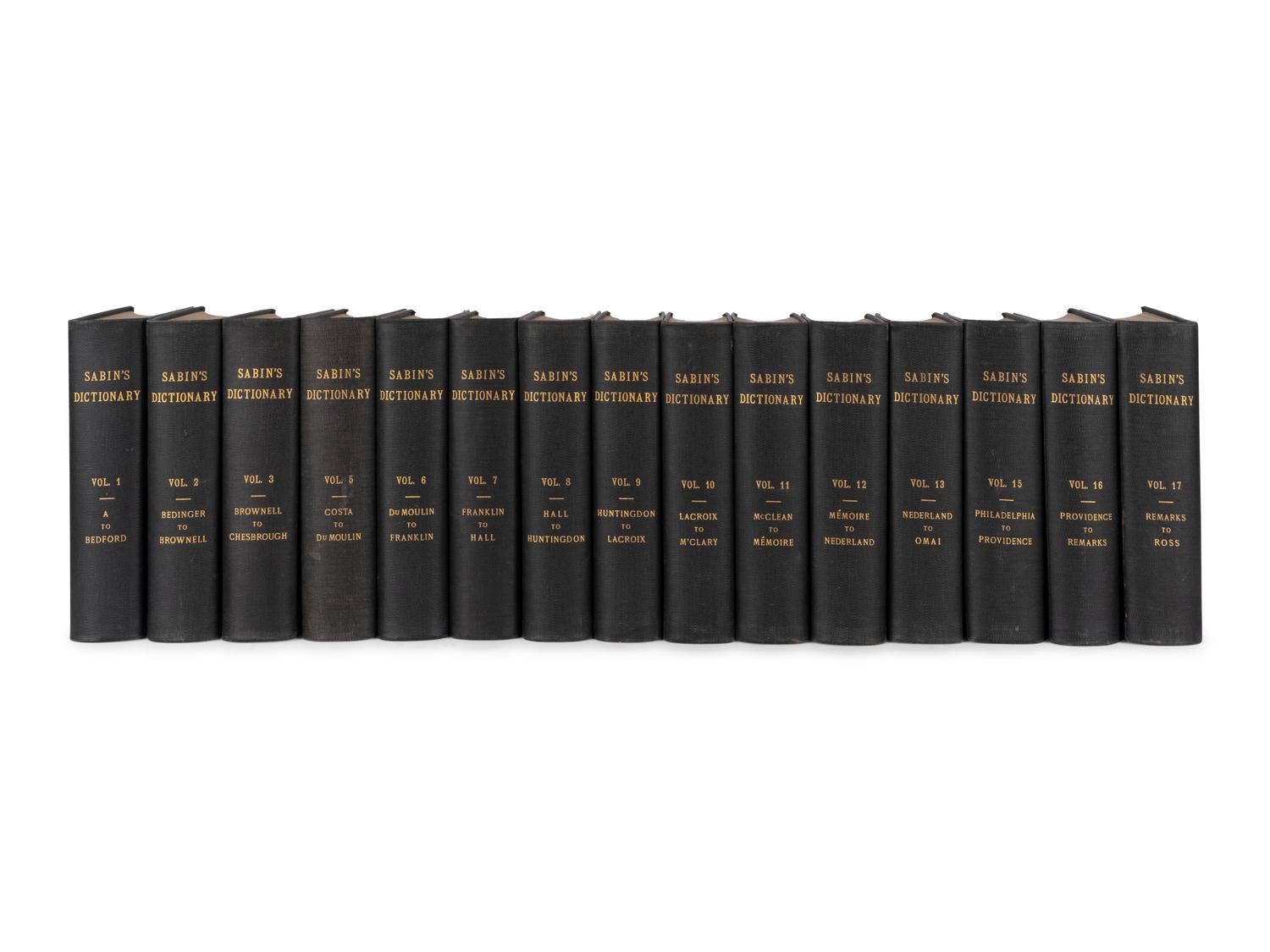 [AMERICANA -- BIBLIOGRAPHY]. SABIN, Joseph (1821-1881) et al. A Dictionary of Books Relating to America . R.W.G VAIL, editor. New York: Joseph Sabin, 1868-1936.