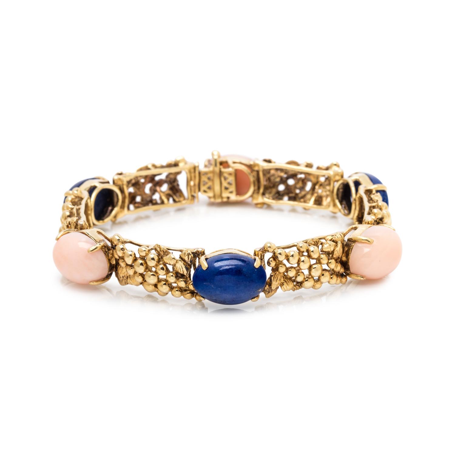 YELLOW GOLD, LAPIS LAZULI AND ANGEL SKIN CORAL BRACELET
