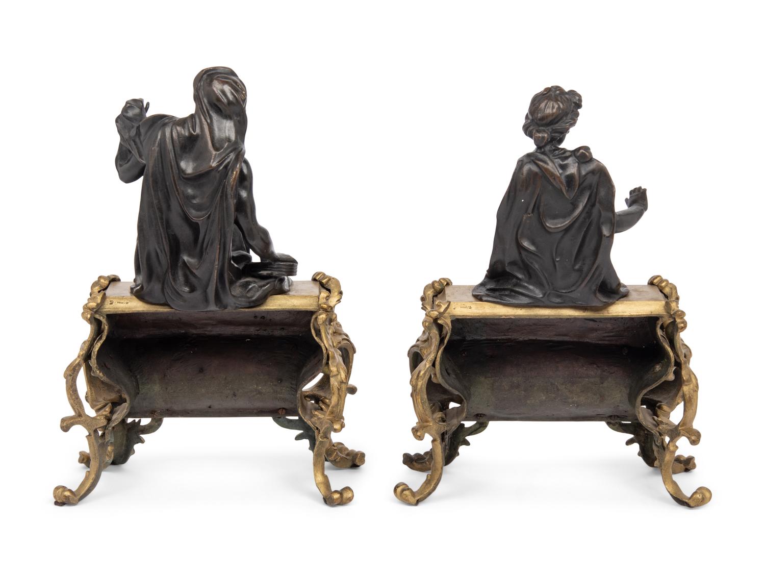 A Pair of French Gilt and Patinated Bronze Figural Chenets