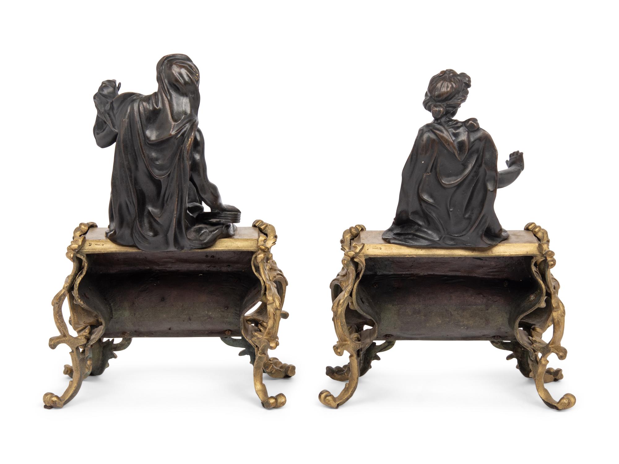 A Pair of French Gilt and Patinated Bronze Figural Chenets