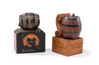 Two Prohibition Era 'John Barleycorn' Folk Art Carved Whiskey Barrels