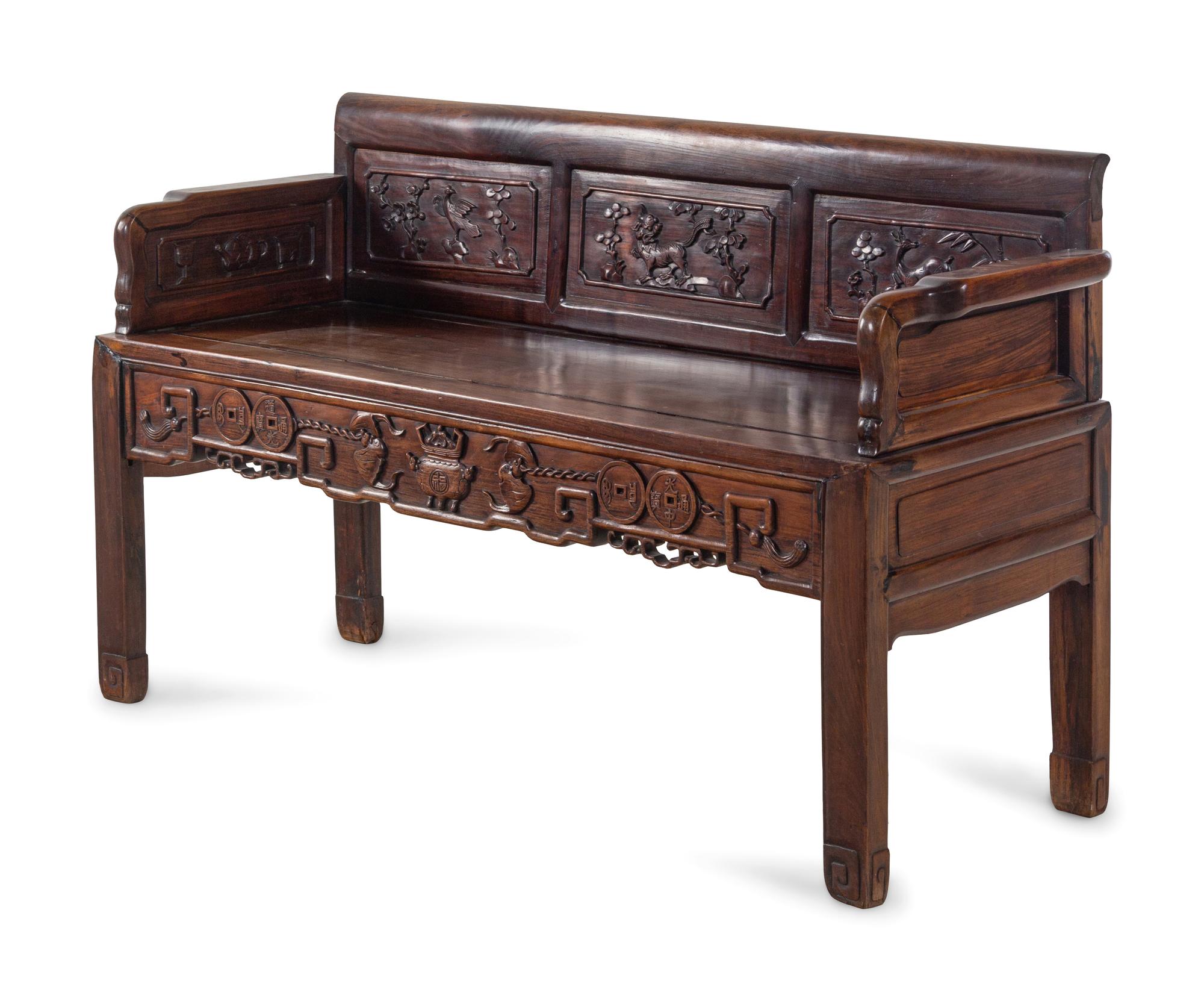 A Chinese Carved Hardwood Bench