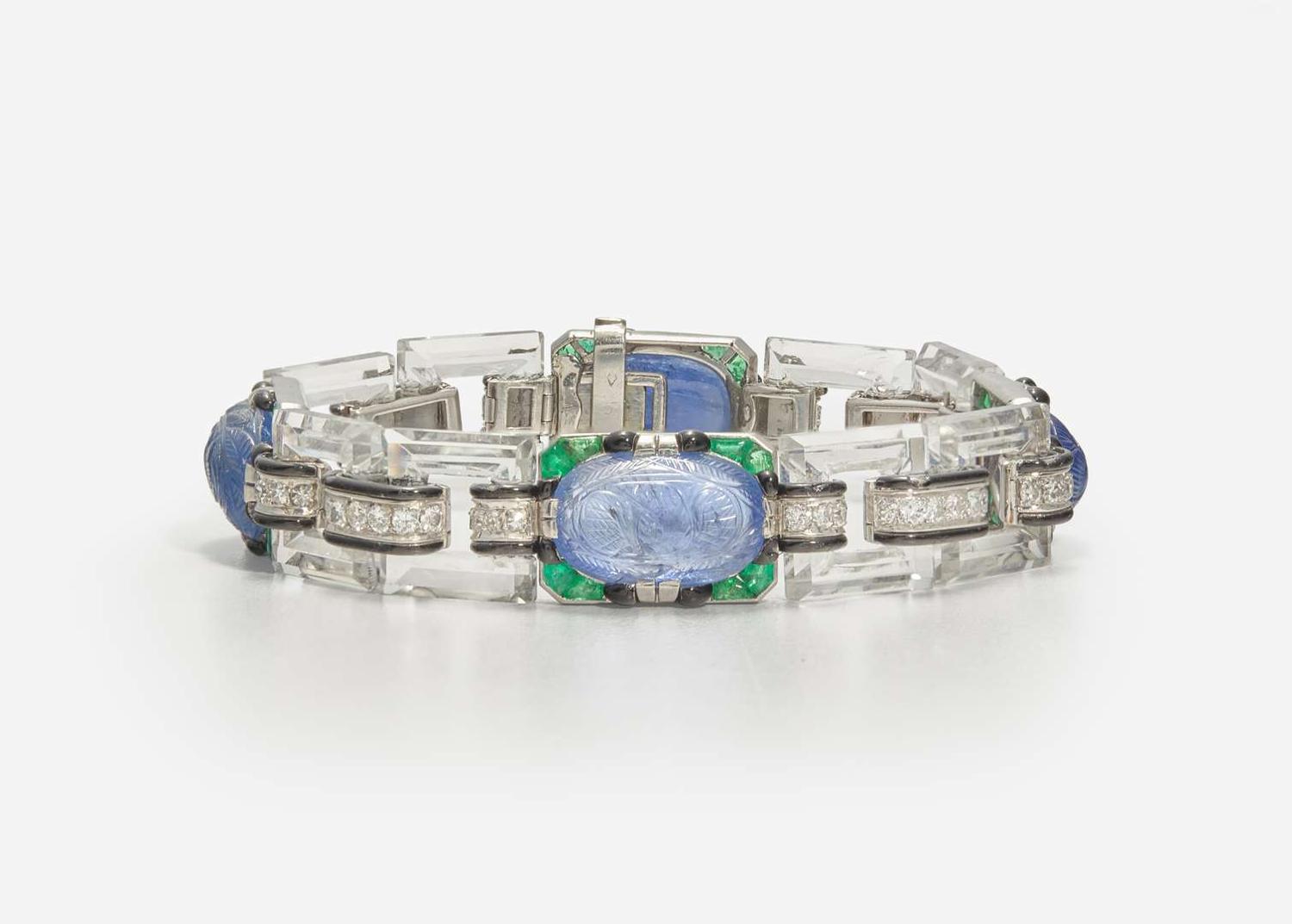 An 18K White Gold, Sapphire, Emerald, Diamond, and Enamel Art Deco Bracelet