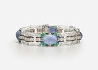 An 18K White Gold, Sapphire, Emerald, Diamond, and Enamel Art Deco Bracelet