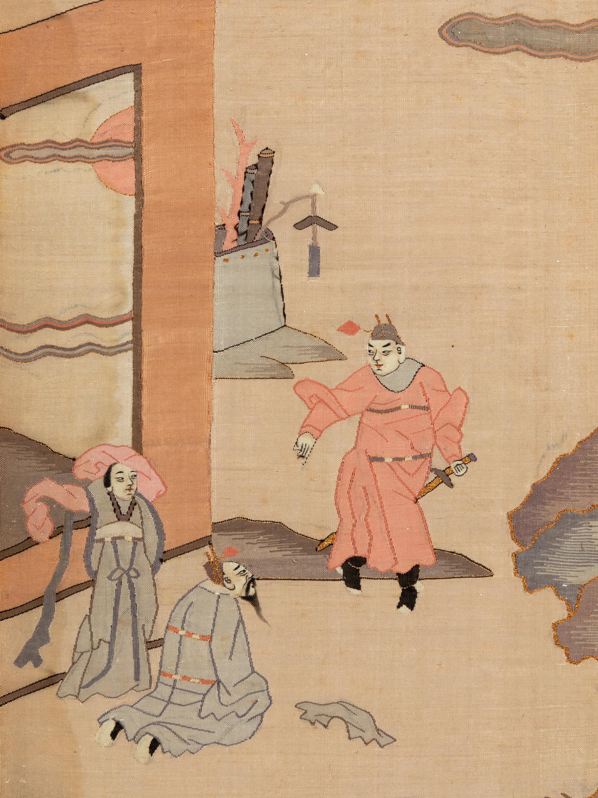 A Pair of Chinese Cream Ground Kesi Woven Silk Panels
