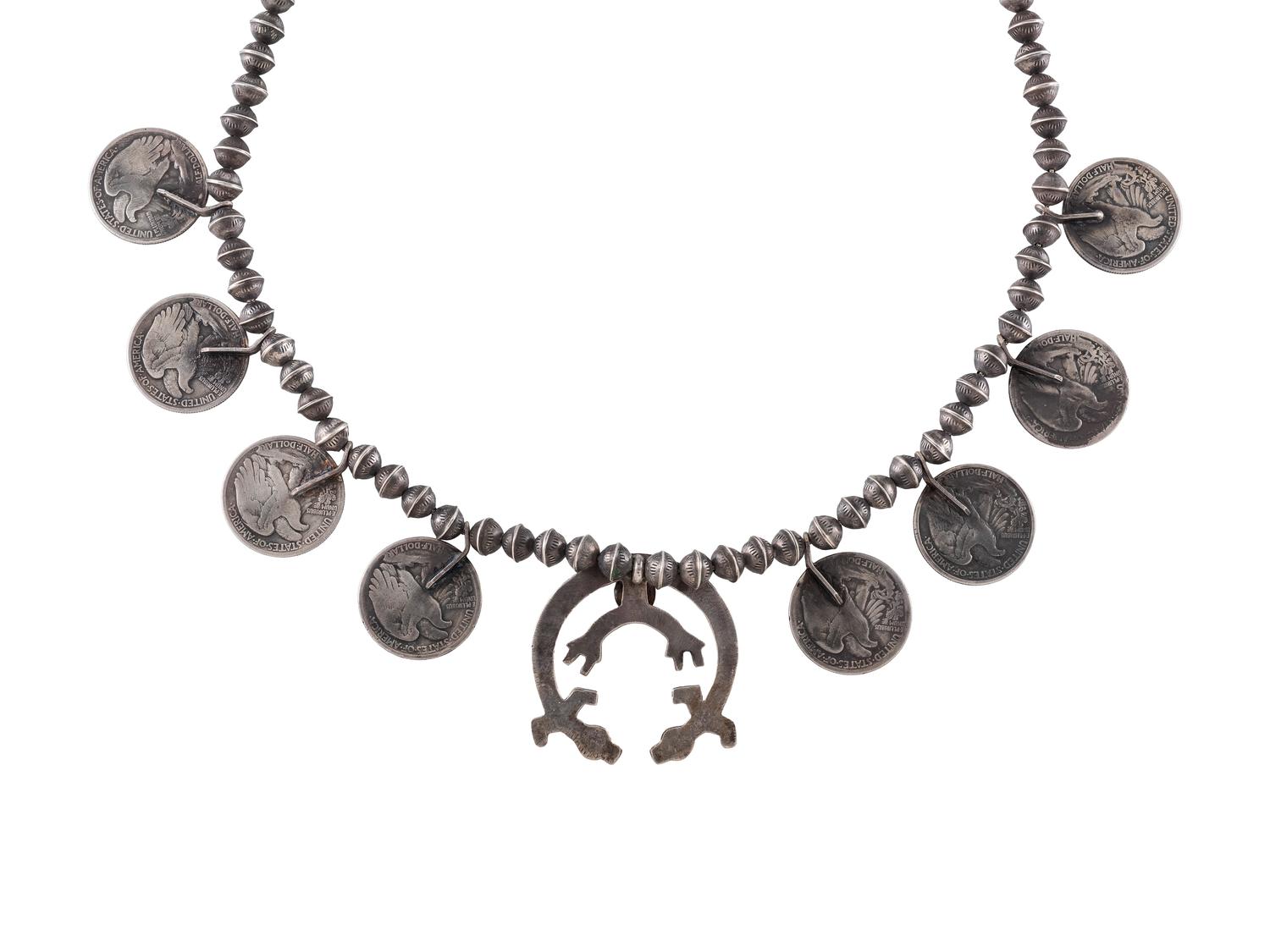 Navajo Silver, Coin, and Turquoise Squash Blossom Necklace