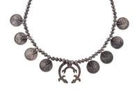 Navajo Silver, Coin, and Turquoise Squash Blossom Necklace