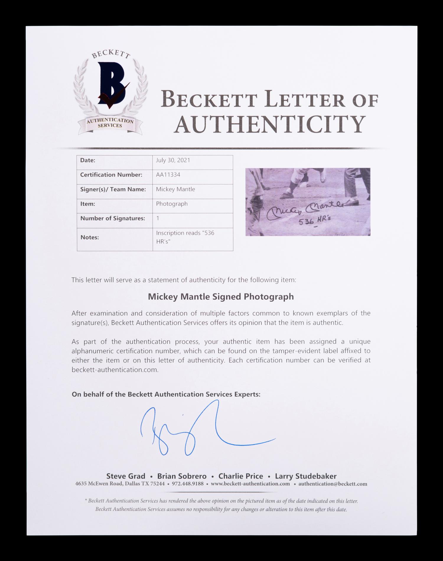 A Mickey Mantle Signed Autograph Large Photograph Inscribed 536 HRs (BAS Beckett Authentication Services Certified),
