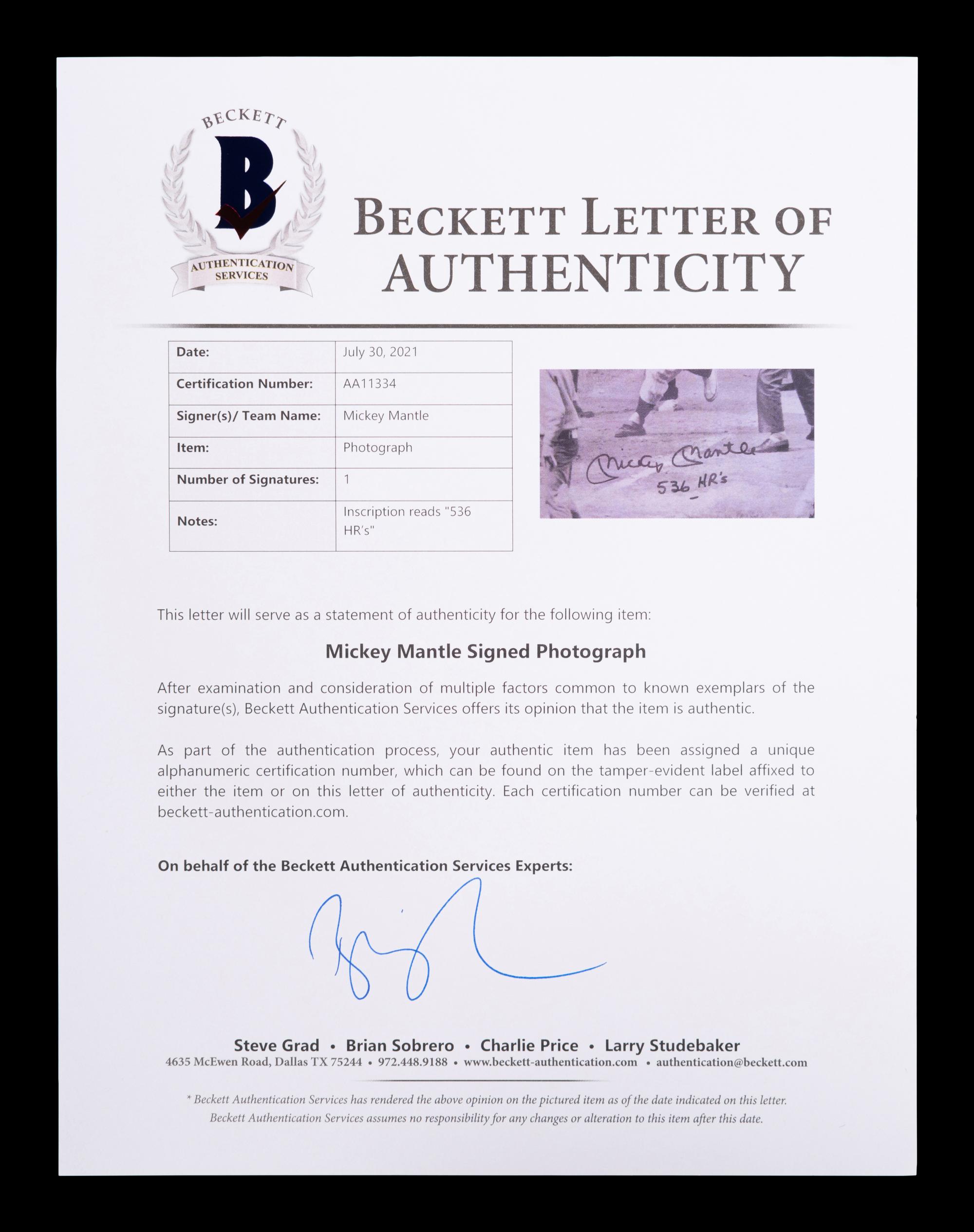 A Mickey Mantle Signed Autograph Large Photograph Inscribed 536 HRs (BAS Beckett Authentication Services Certified),