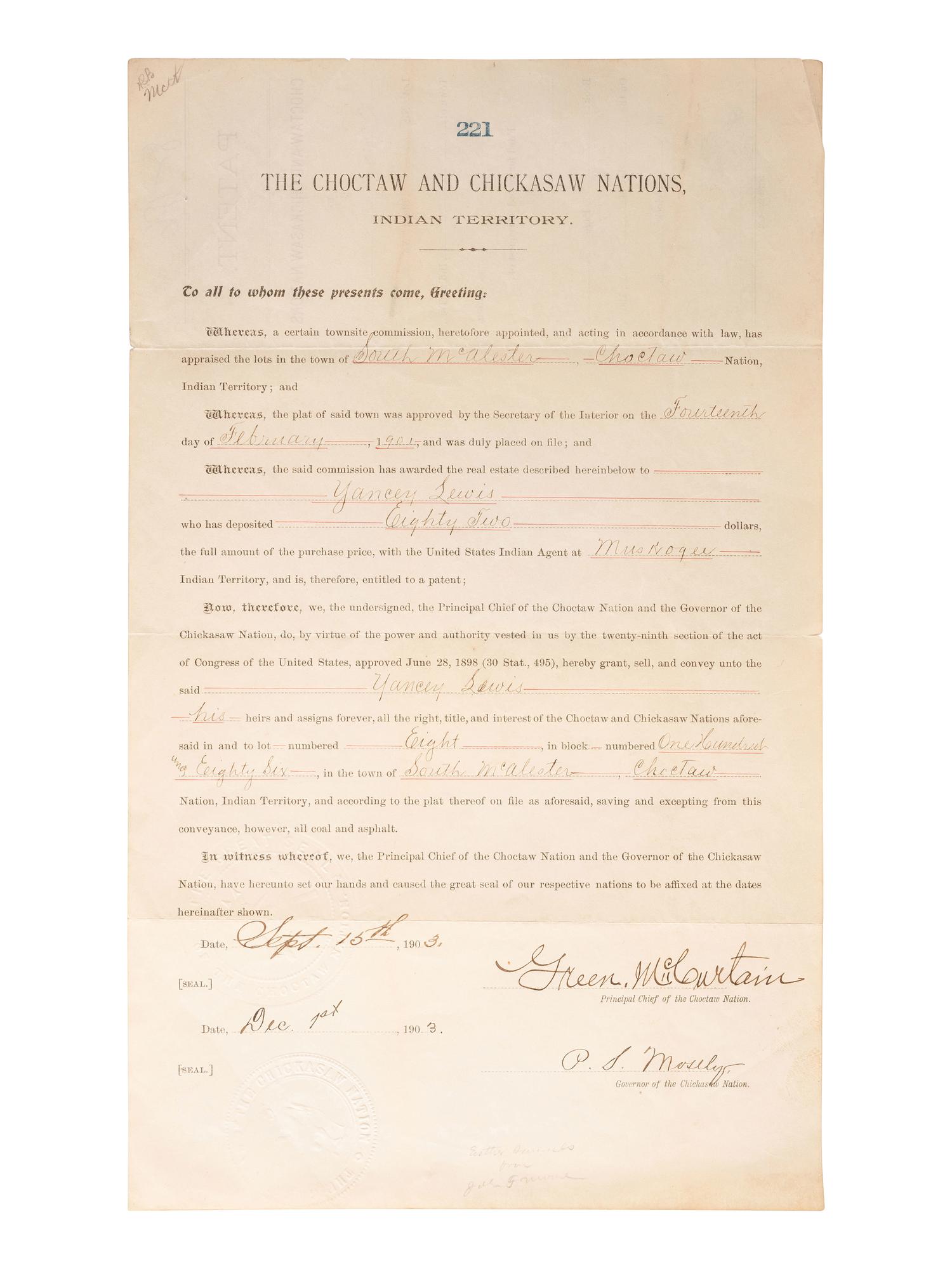 [NATIVE AMERICAN]. Patent for land in Indian Territory, 1903.
