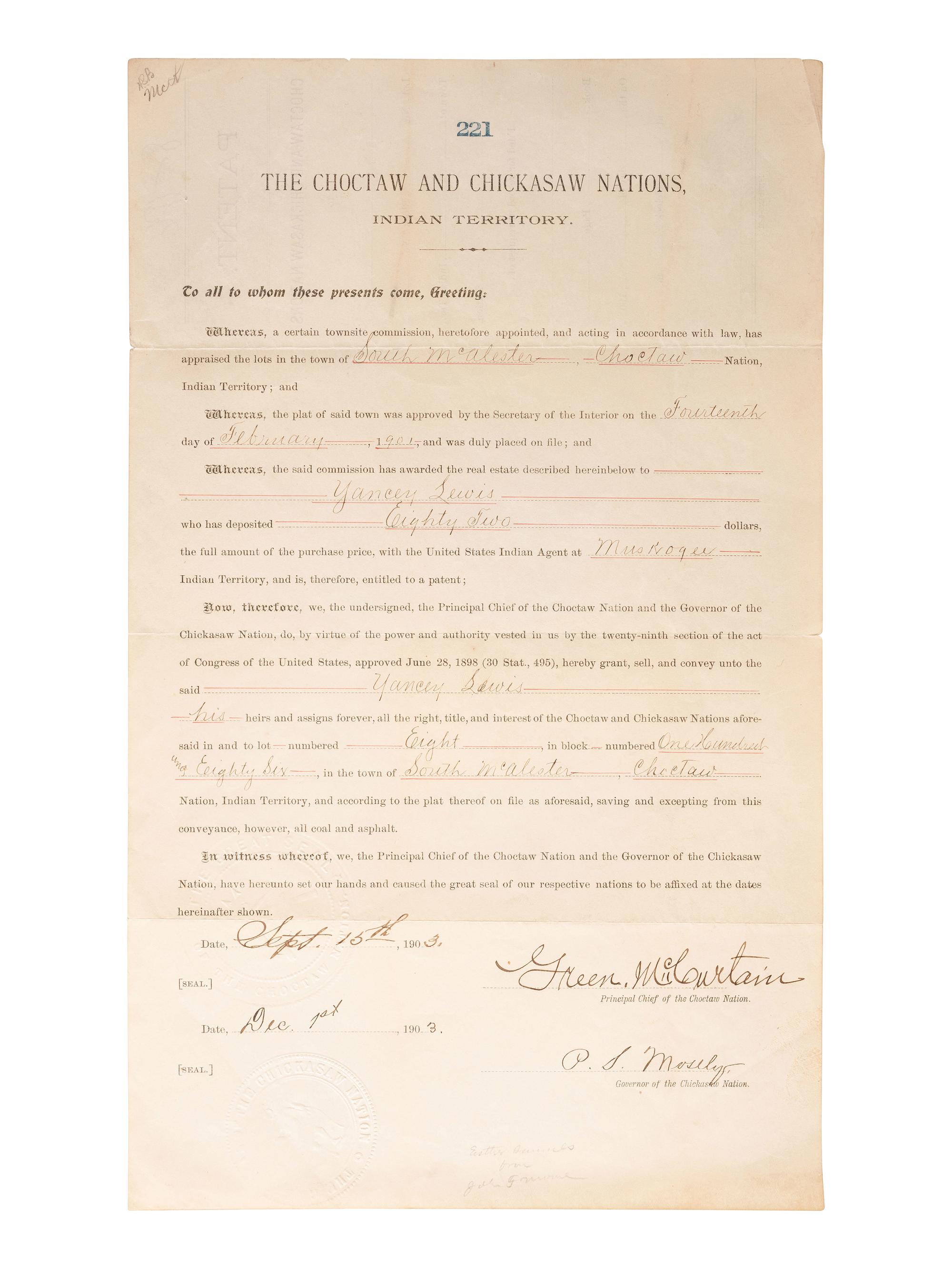 [NATIVE AMERICAN]. Patent for land in Indian Territory, 1903.