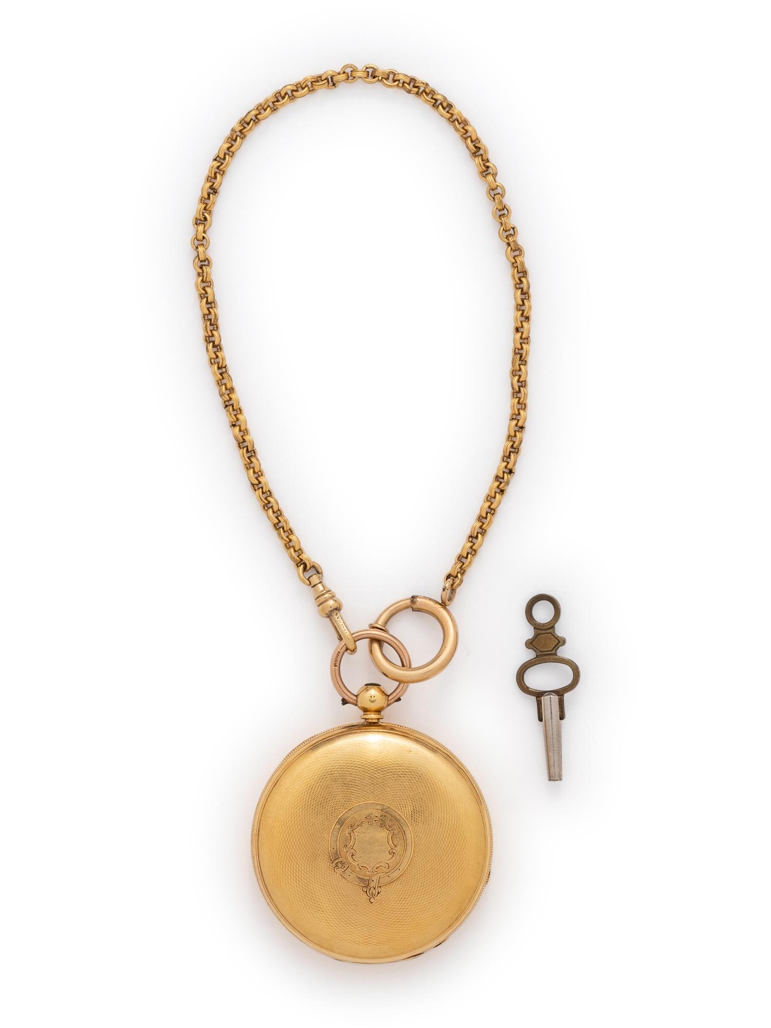 18K YELLOW GOLD HUNTER CASE POCKET WATCH WITH GOLD-FILLED FOB CHAIN